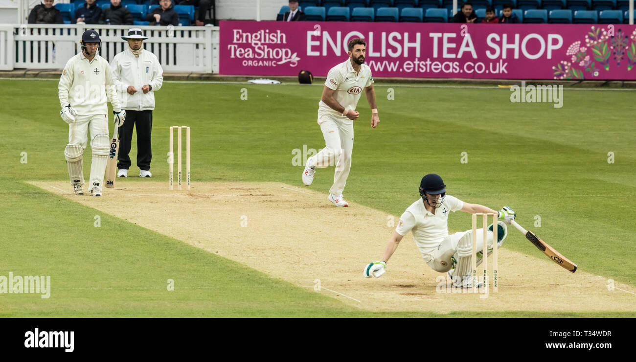 London,UK. 6 April, 2019.  Tom Powe takes one on the helmet off the bowling of Liam Plunkett as Surrey take on Durham MCCU at the Kia Oval on day three of the 3 day match. David Rowe/Alamy Live News Stock Photo