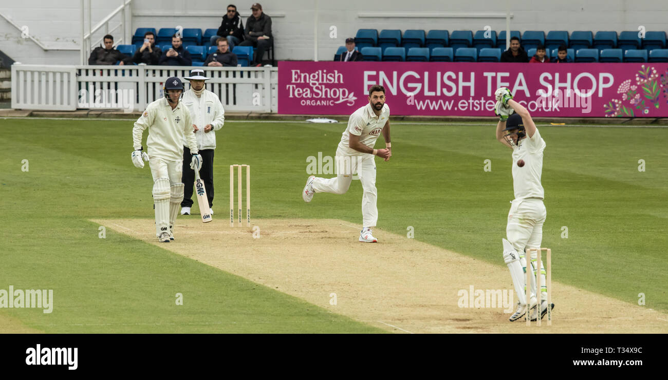 London,UK. 6 April, 2019.  Adam Dewes watches one go by off the bowling of Liam Plunkett as Surrey take on Durham MCCU at the Kia Oval on day three of the 3 day match. David Rowe/Alamy Live News Stock Photo