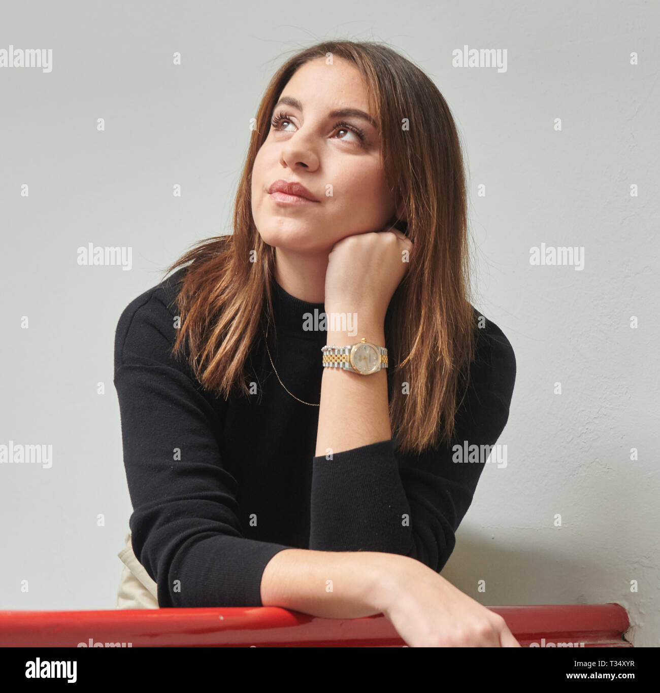 Berlin, Germany. 06th Apr, 2019. Actress Almila Bagriacik stands at the edge of an interview on the film "Only a woman" on a railing. The film will be released in German cinemas on 09.05.2019. Credit: Annette Riedl/dpa/Alamy Live News Stock Photo