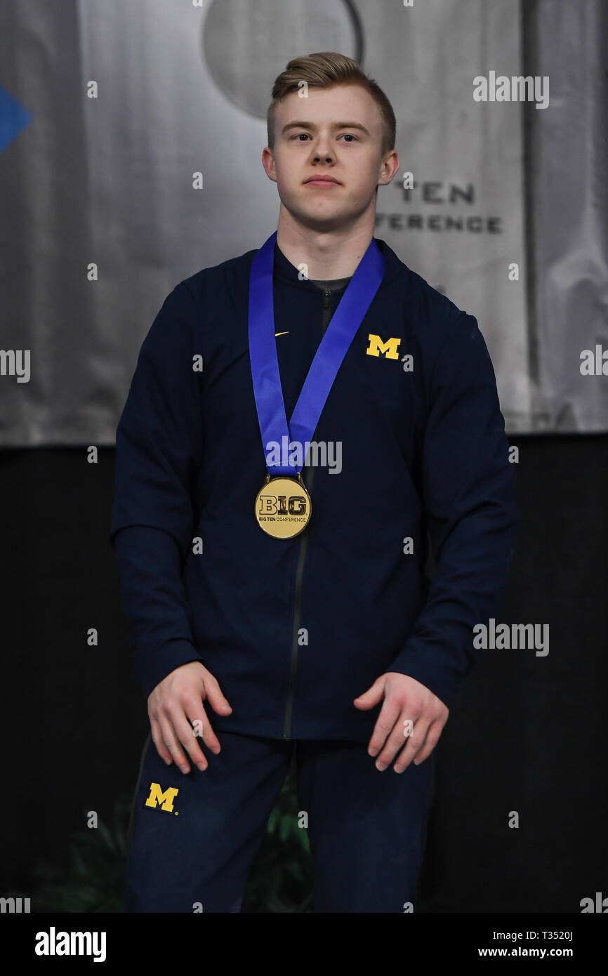 Iowa City, Iowa, USA. 5th Apr, 2019. CAMERON BOCK from the University of Michigan stands on the podium after winning the gold medal following the Team Final and All-Around Competition held at Carver-Hawkeye Arena in Iowa City, Iowa. Credit: Amy Sanderson/ZUMA Wire/Alamy Live News Stock Photo