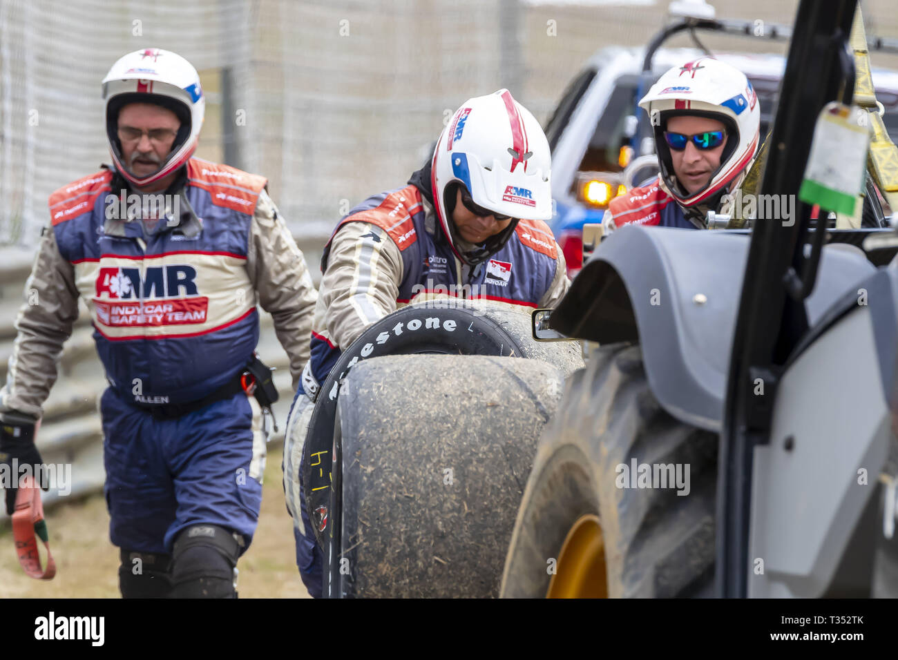 Birmingham, Alabama, USA. 6th Apr, 2019. The AMR Safety Crew work on the accident site by MARCUS ERICSSON (R) (7) of Sweden as he brings out a caution during practice for the Honda Indy Grand Prix of Alabama at Barber Motorsports Park in Birmingham, Alabama. (Credit Image: © Walter G Arce Sr Asp Inc/ASP) Stock Photo