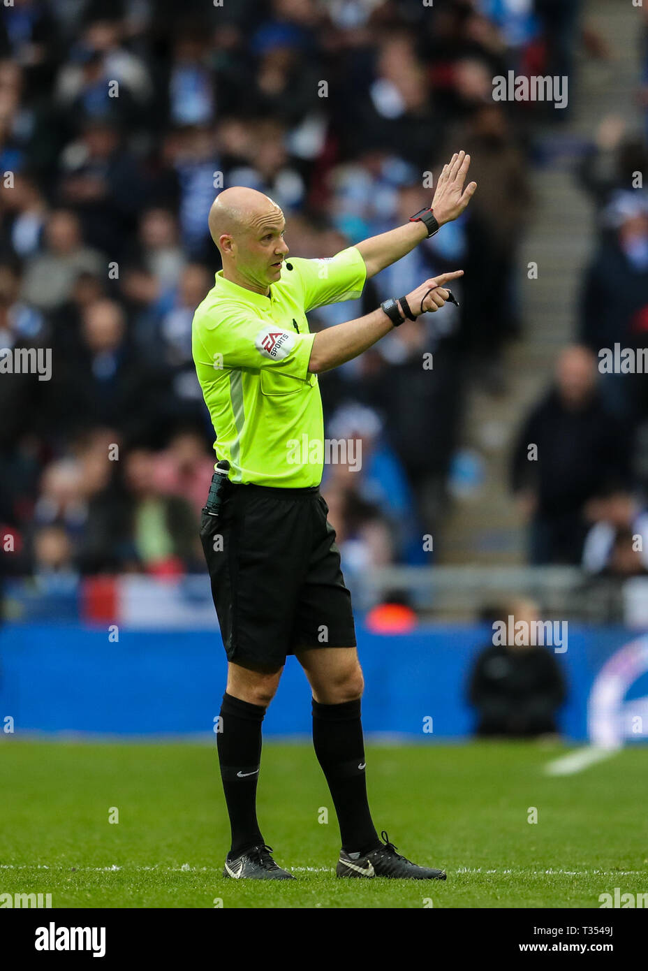 Wembley, London, UK. 06th Apr, 2019. Anthony Taylor takes charge of the Emirates FA Cup Semi Final match between Manchester City and Brighton & Hove Albion at Wembley Stadium on April 6th 2019 in London, England. Credit: PHC Images/Alamy Live News Stock Photo