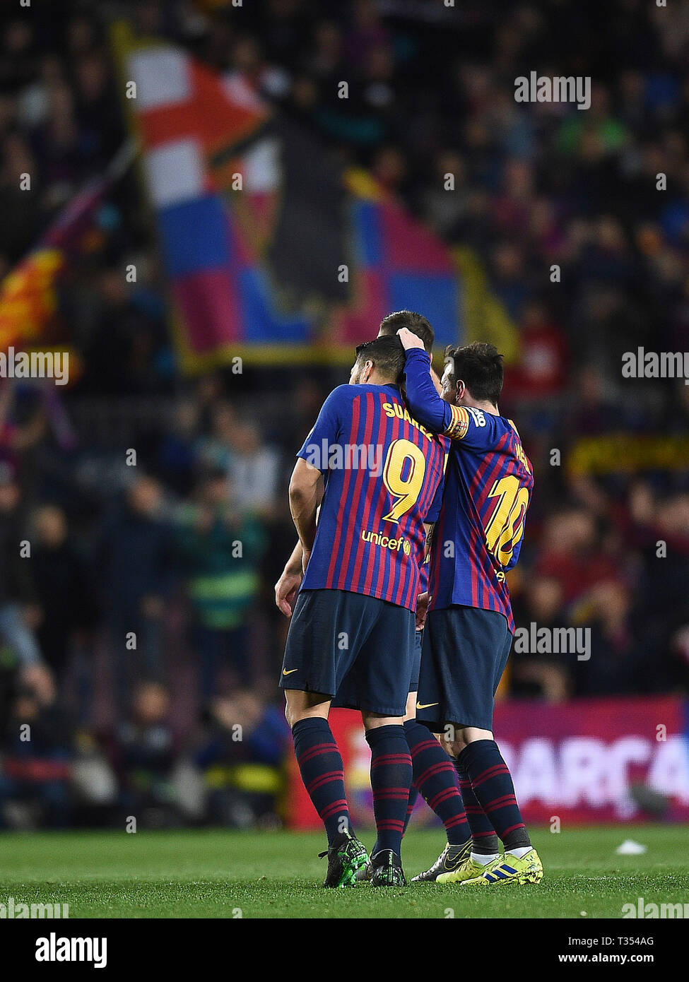 Barcelona Spain 06th Apr 19 Laliga 18 19 Date 31 Barcelona Atletico De Madrid Luis Suarez And Lionel Messi Of Fc Barcelona Celebrating The Victory After Finishing The Match During The Game Barcelona Atletico