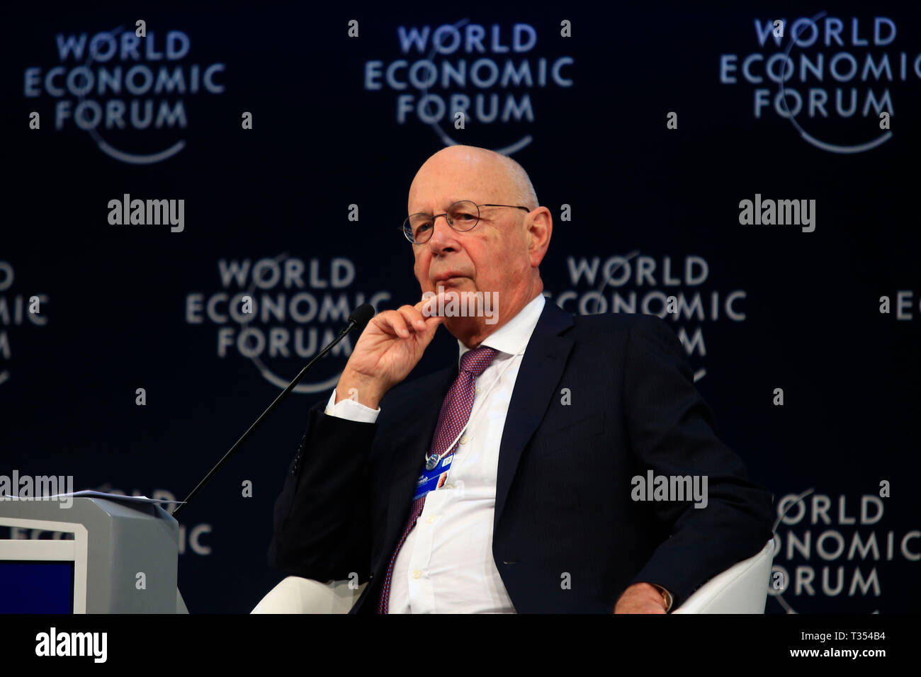 Dead Sea, Jordan. 06th Apr, 2019. Founder and Executive Chairman of the World  Economic Forum Klaus Schwab attends a Conversation with Khalid Al Falih,  Minister of Energy, Industry and Mineral Resources of