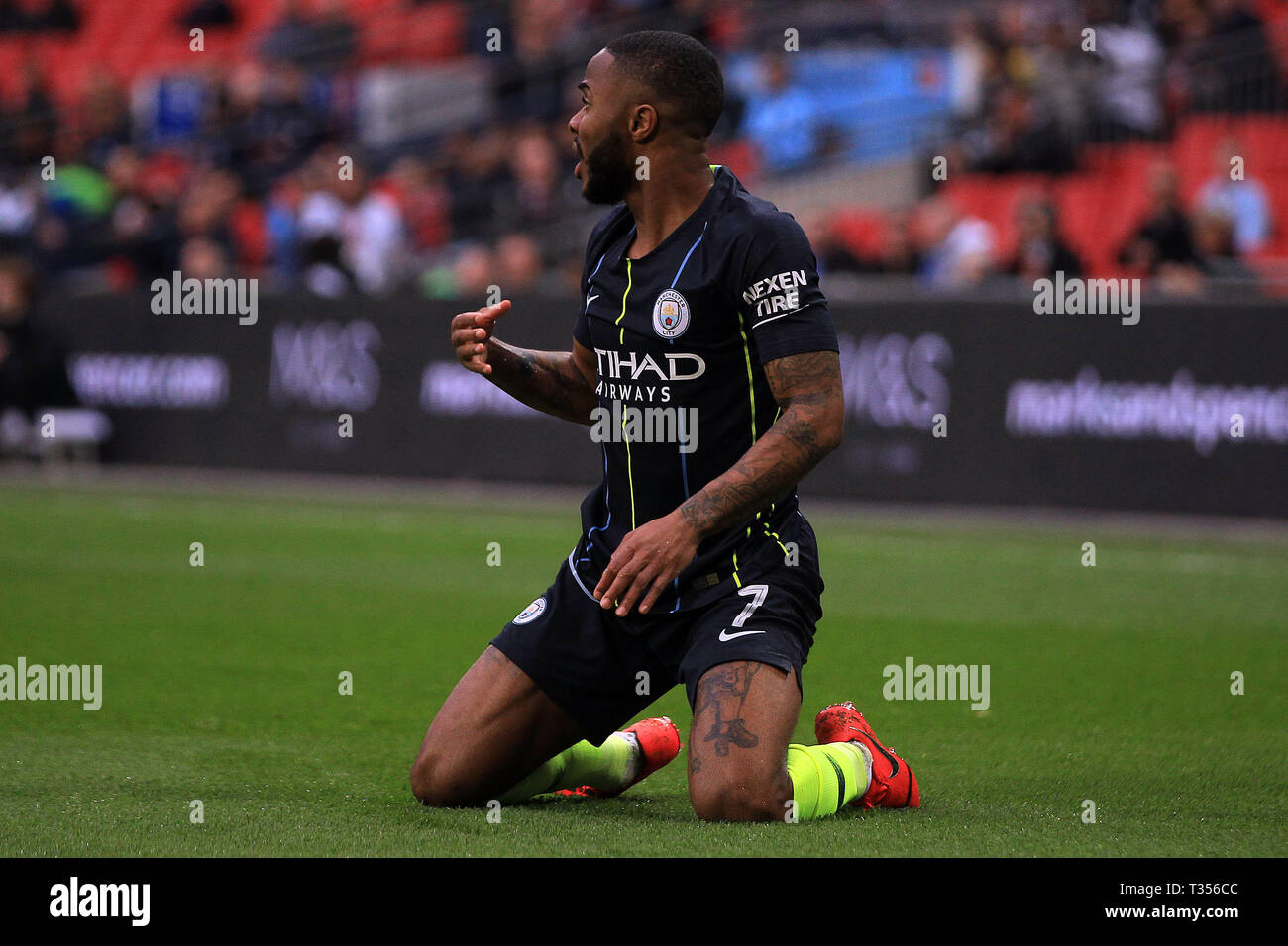 London, UK. 06th Apr, 2019. Raheem Sterling of Manchester City protests to Referee Anthony Taylor after he was tackled by Anthony Knockaert of Brighton & Hove Albion. The Emirates FA Cup, semi-final match, Manchester City v Brighton & Hove Albion at Wembley Stadium in London on Saturday 6th April 2019.  this image may only be used for Editorial purposes. Editorial use only, license required for commercial use. No use in betting, games or a single club/league/player publications . pic by Steffan Bowen/Andrew Orchard sports photography/Alamy Live news Credit: Andrew Orchard sports photography/Al Stock Photo