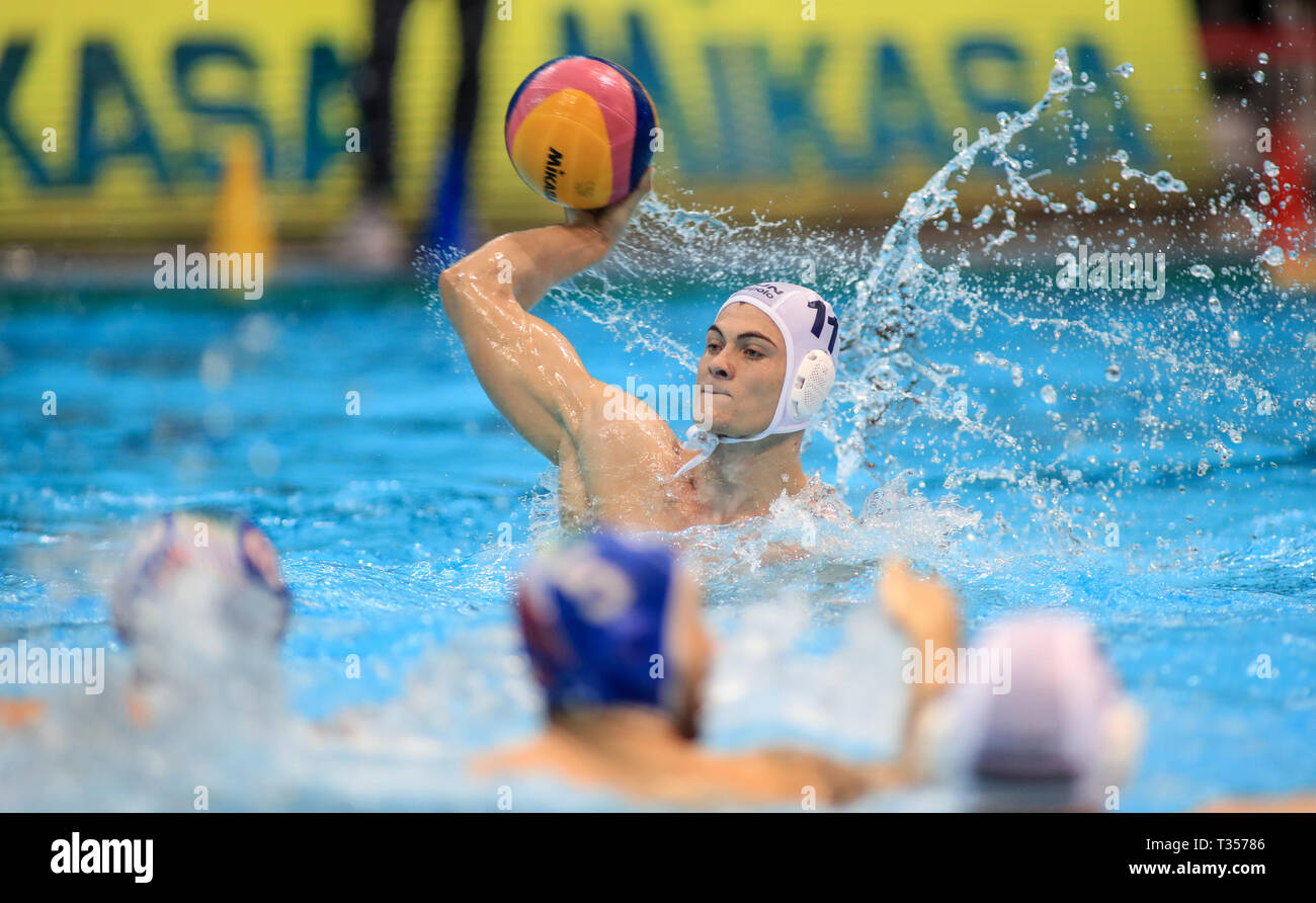 Zagreb, Croatia. 6th Apr, 2019. Zoltan Pohl of Hungary competes during  semifinal match of 2019 FINA Water Polo World League Europa Cup between  Italy and Hungary in Zagreb, Croatia, April 6, 2019.