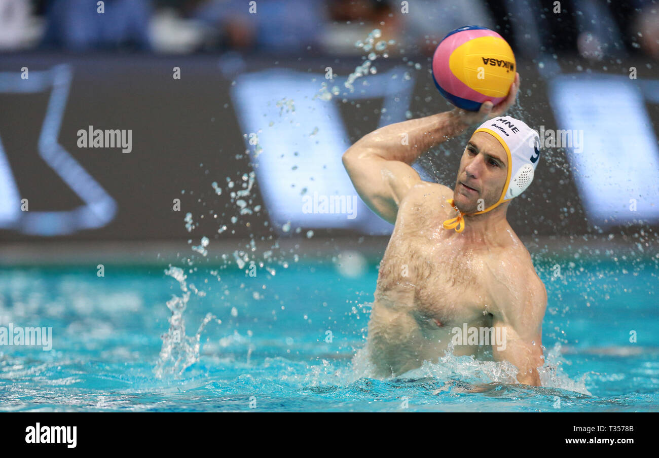 Zagreb, Croatia. 6th Apr, 2019. Aleksandar Ivovic of Montenegro competes  during semifinal match of 2019 FINA Water Polo World League Europa Cup  between Russia and Montenegro in Zagreb, Croatia, April 6, 2019.