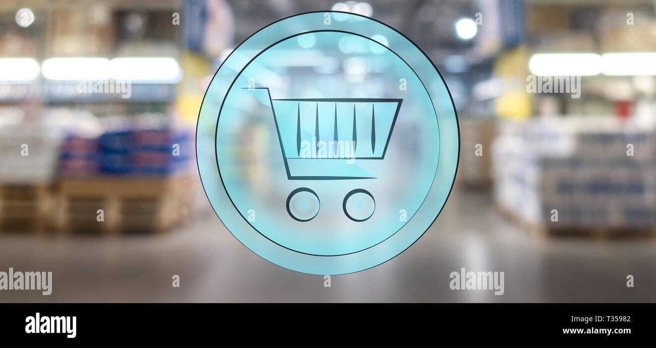 3d shopping basket on Supermarket blur background. Shopping concept. Stock Photo