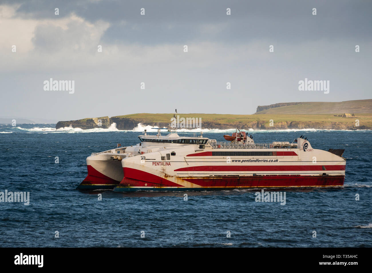 Pentland Ferries' catamaran ferry "Pentalina" arriving from Orkney to