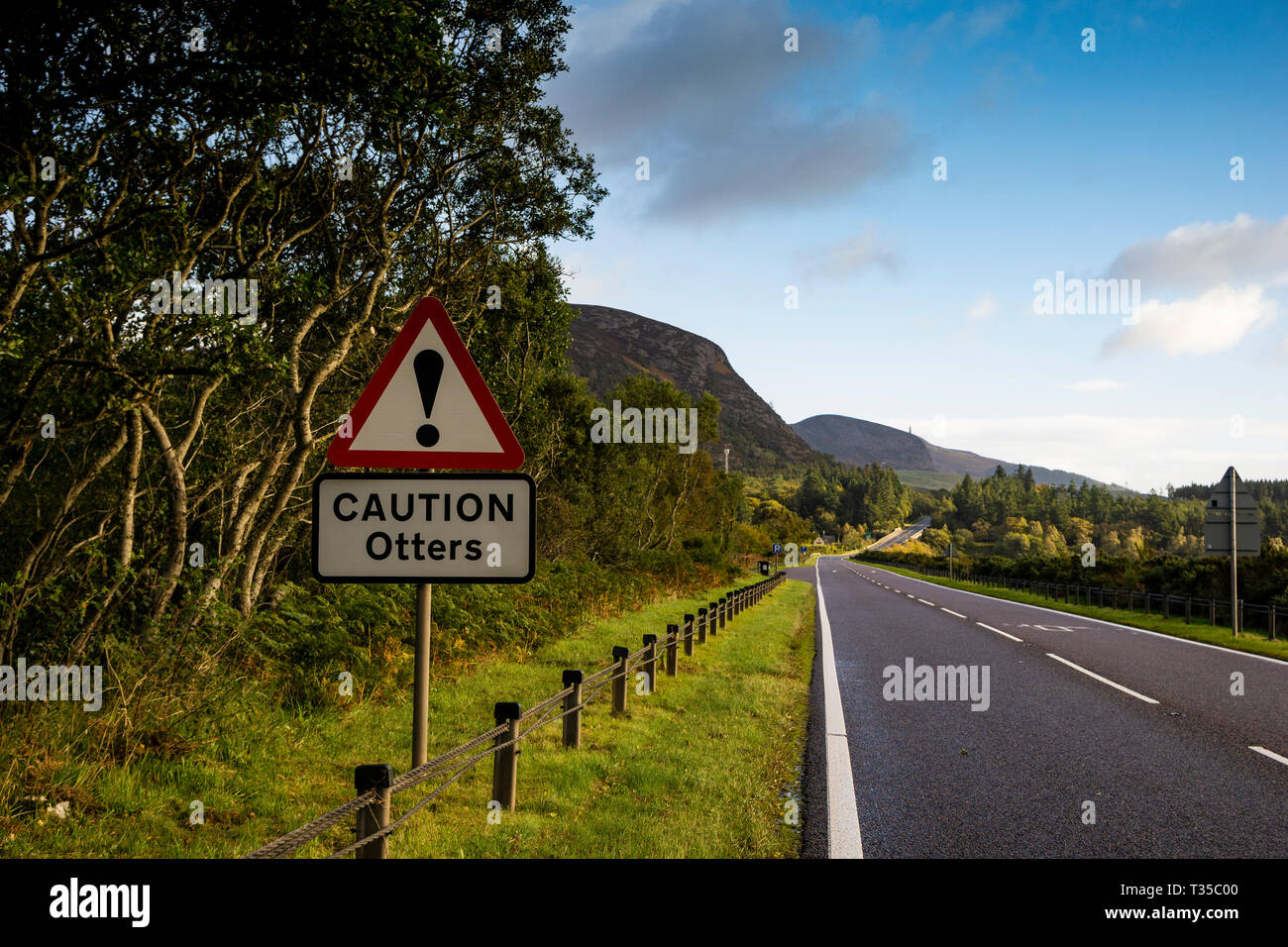 A 'Caution: Otters' sign on the A9 in northern Scotland. Stock Photo