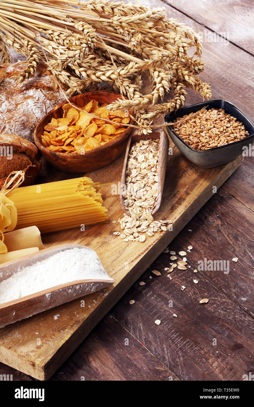 whole grain products with complex carbohydrates on rustic table Stock Photo Alamy