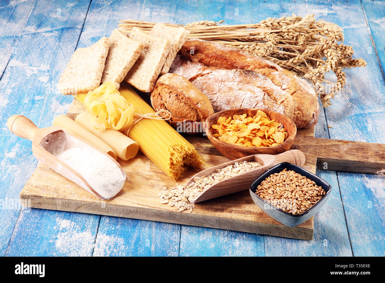 whole grain products with complex carbohydrates on rustic table Stock Photo Alamy