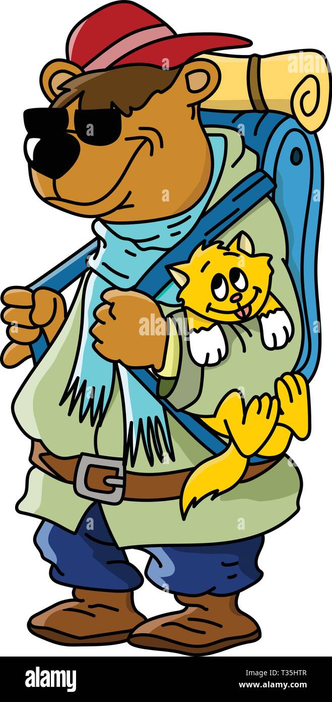 Cartoon brown bear goes to camping with his cat friend vector illustration Stock Vector