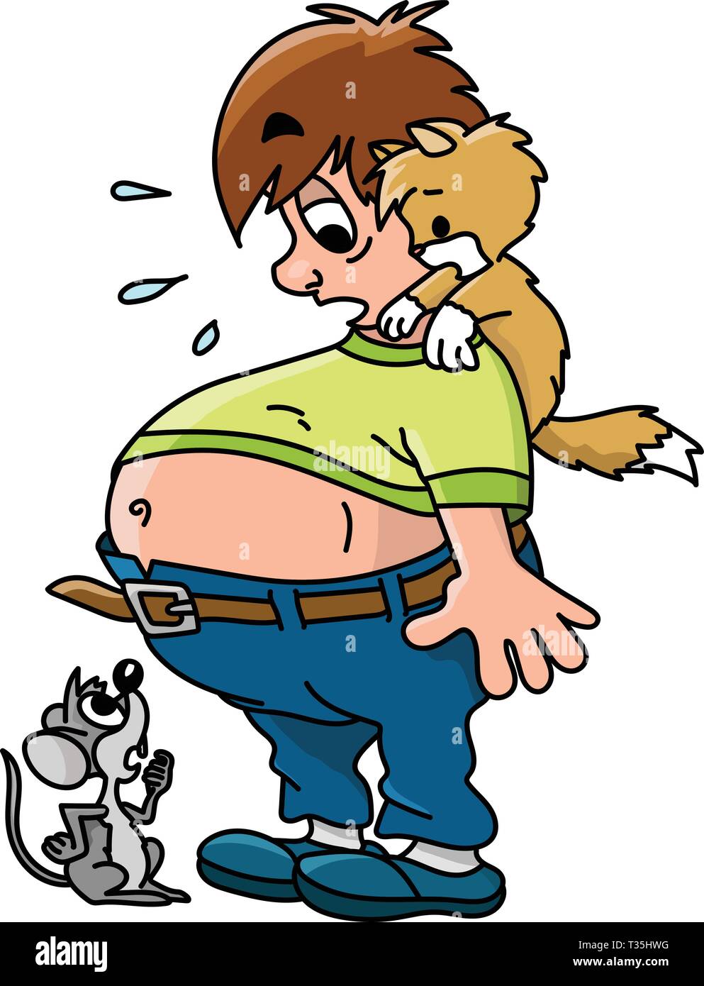 Cartoon man gained too much weight looking at his tummy with his pet friends vector illustration Stock Vector