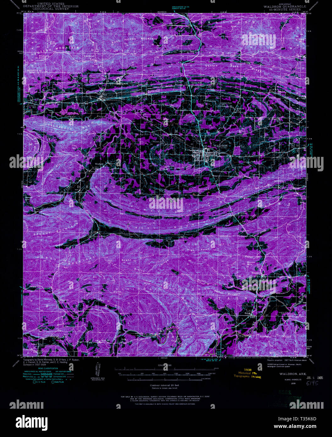 USGS TOPO Map Arkansas AR Waldron 260352 1939 62500 Inverted Restoration Stock Photo