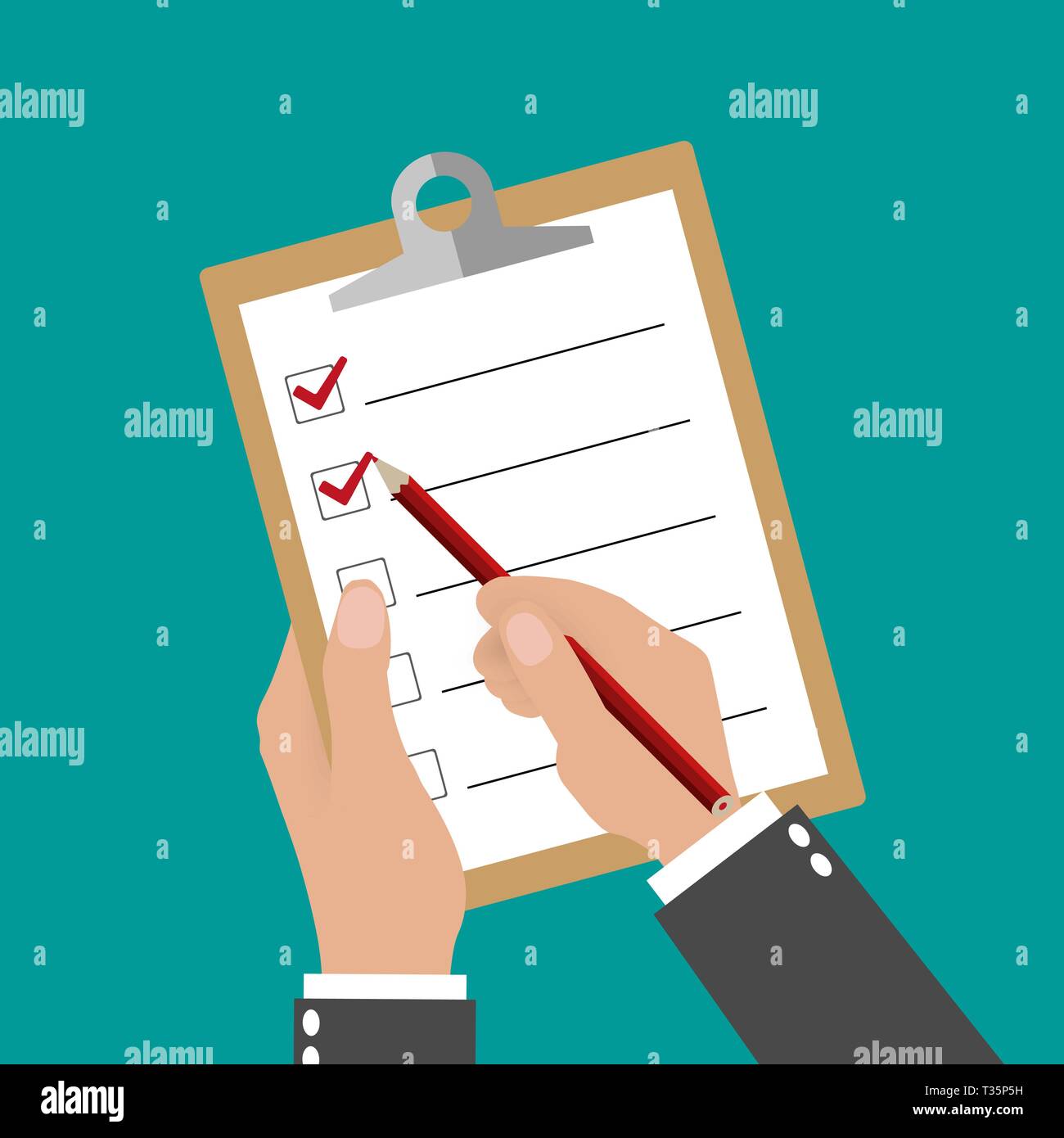 Businessman hands holding clipboard with empty sheet of paper and ...