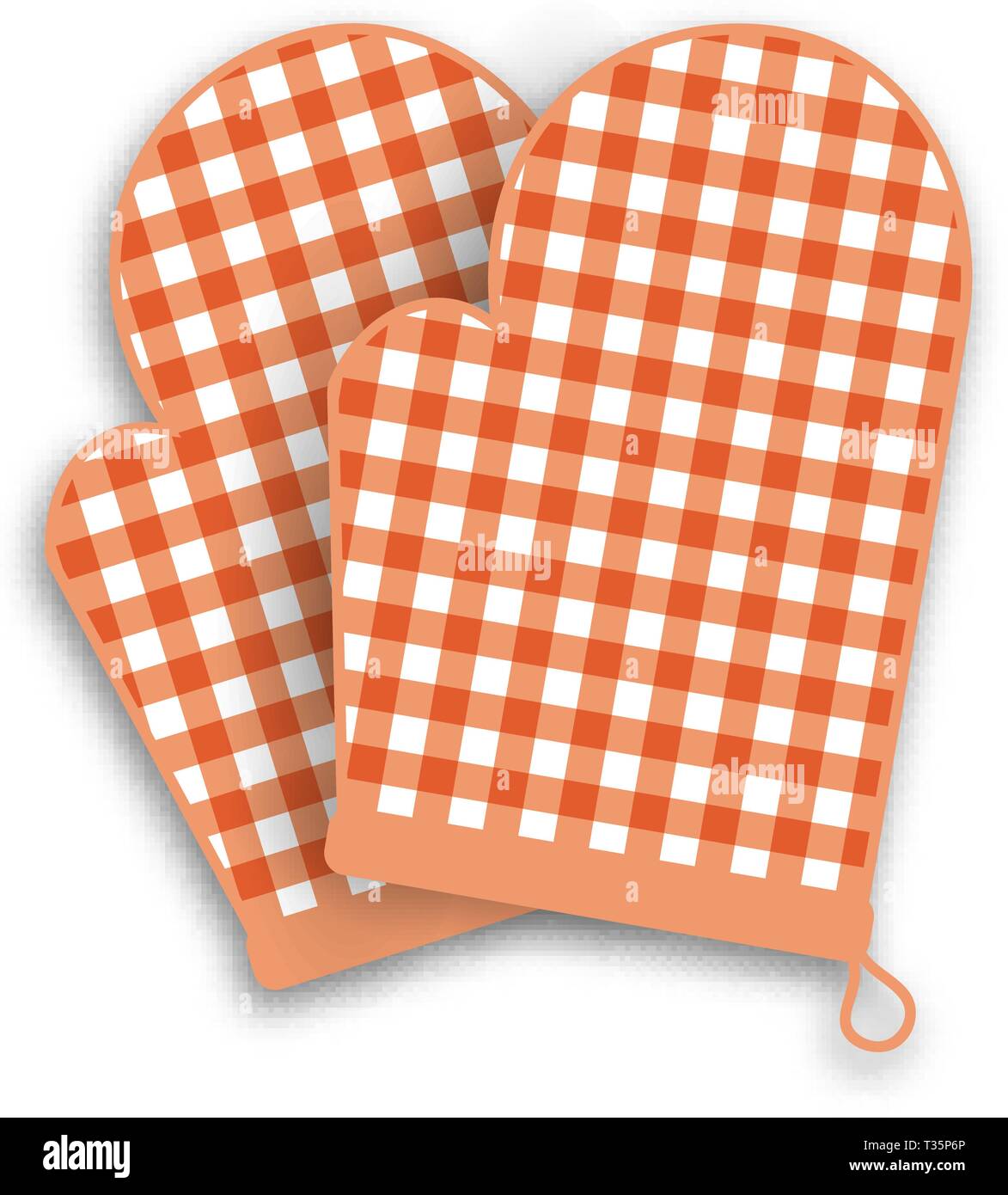 Two Red kitchen gloves with shadow and gingham pattern isolated on white background. vector illustration Stock Vector