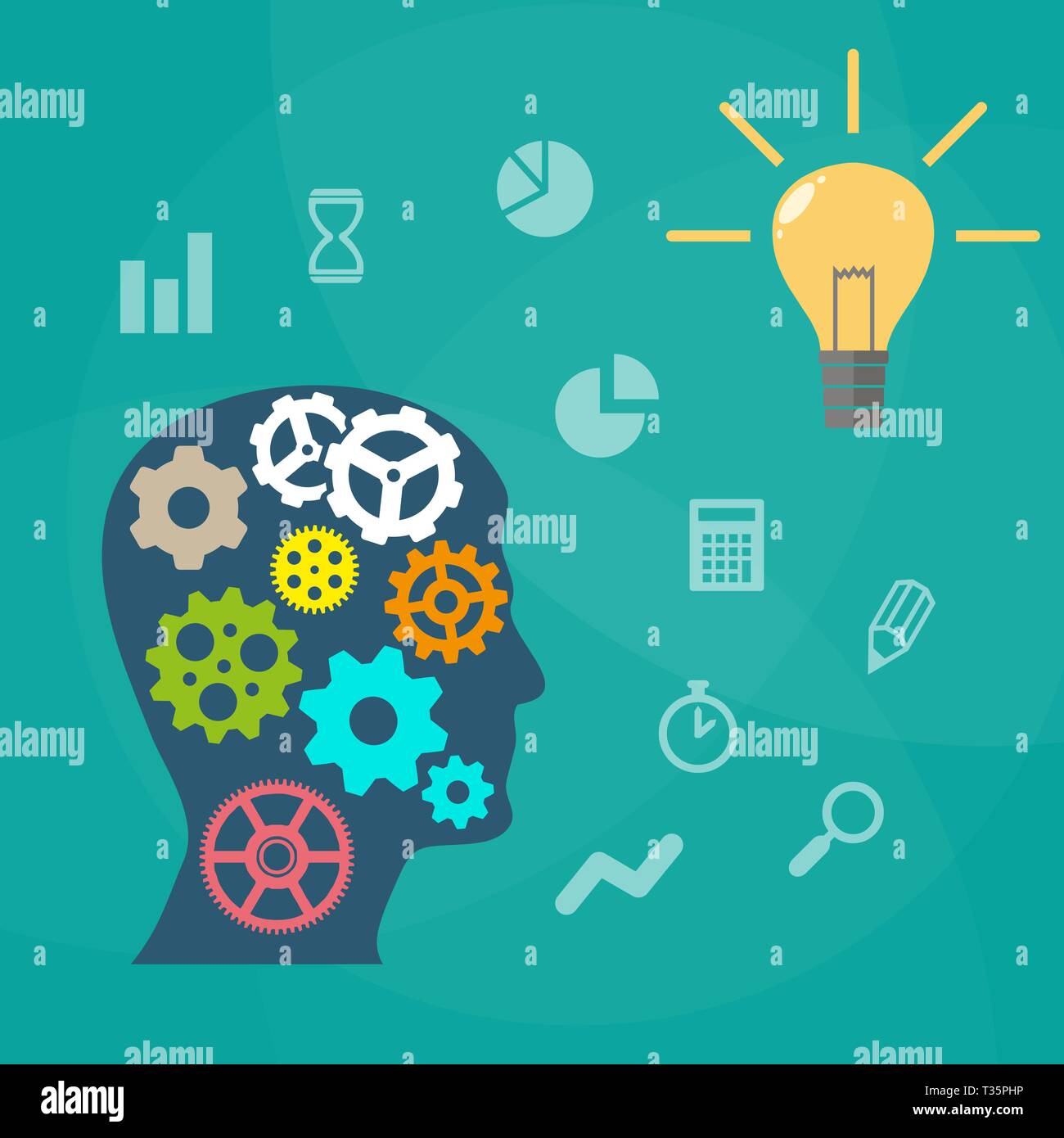 Silhouette of a human head with gears inside and a burning light bulb ...