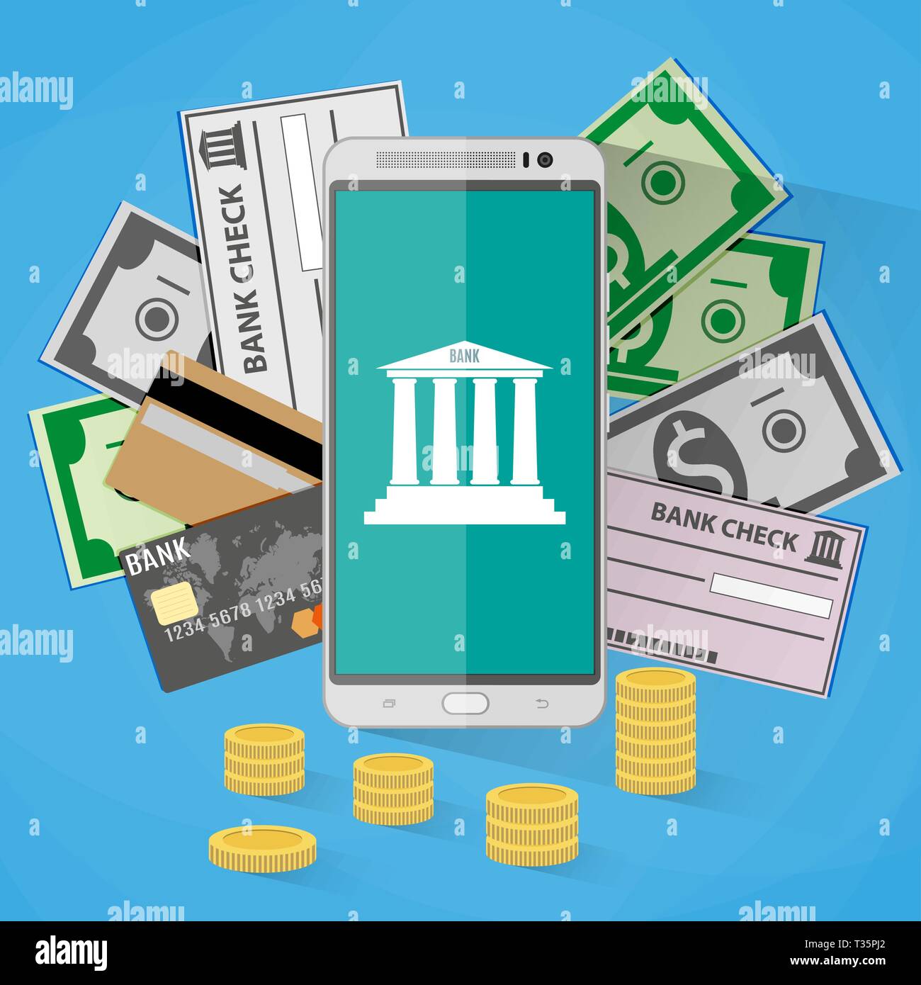 Concept for mobile banking and online payment. Smartphone, golden coins