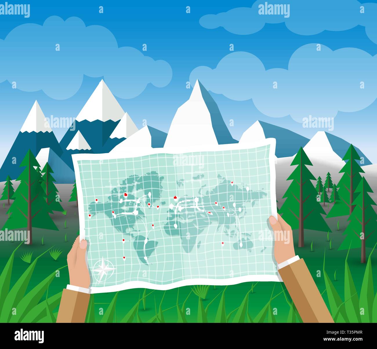 Man on a hiking trip holding a map of world in his hands. Nature landscape  of mountains, hills, Hiking, camping, planning a trip. vector illustration  Stock Vector Image & Art - Alamy