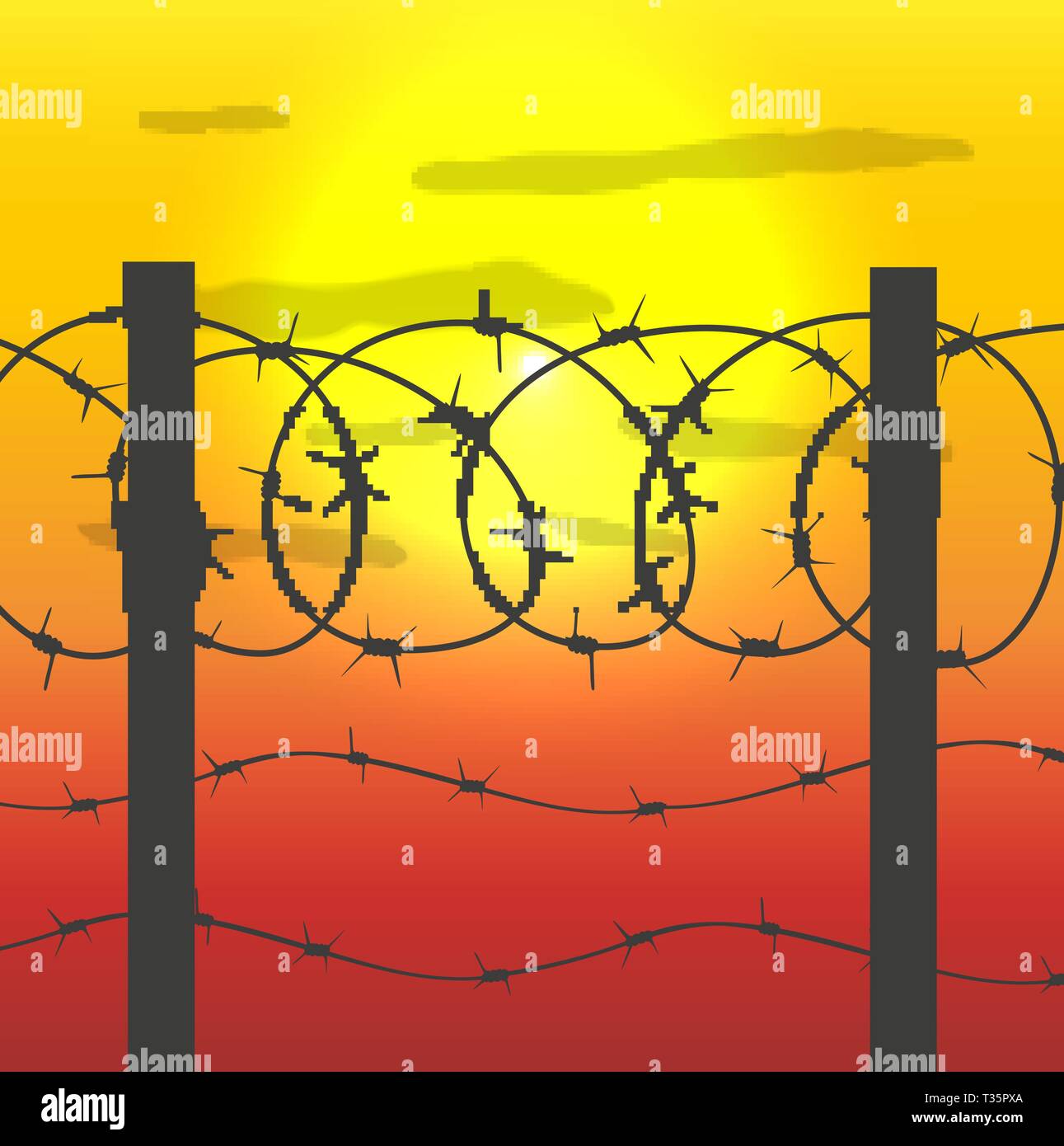 silhouette of fence with barbed wire and sunset sky with sun. vector ...