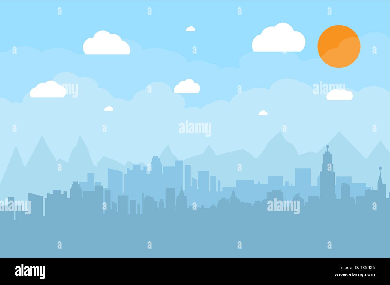 Morning city skyline. Buildings silhouette cityscape with mountains. Big city streets. Blue sky with sun and clouds. Vector illustration Stock Vector