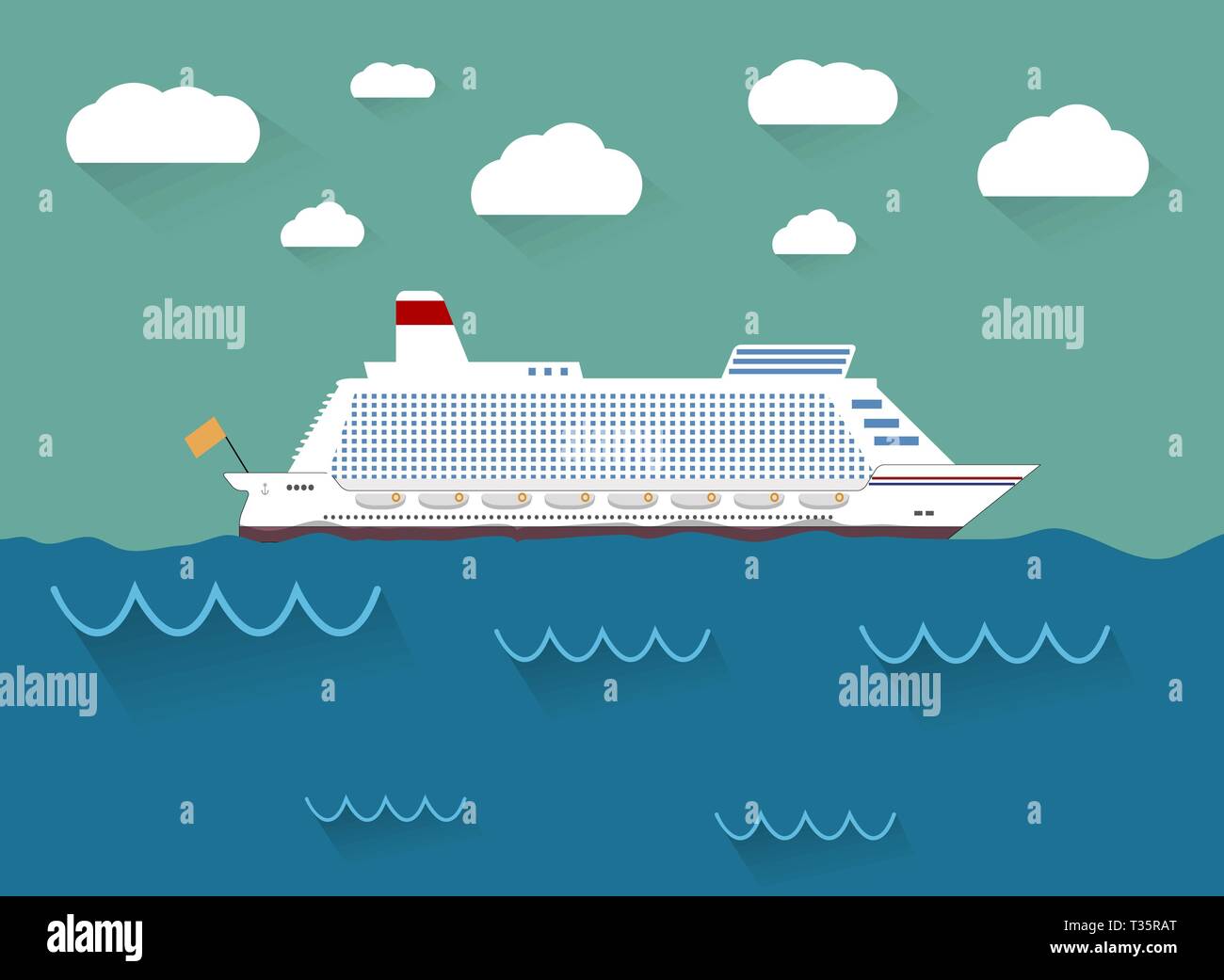 White cruise ship, ocean liner in water and sky with clouds. vector illustration in flat design Stock Vector