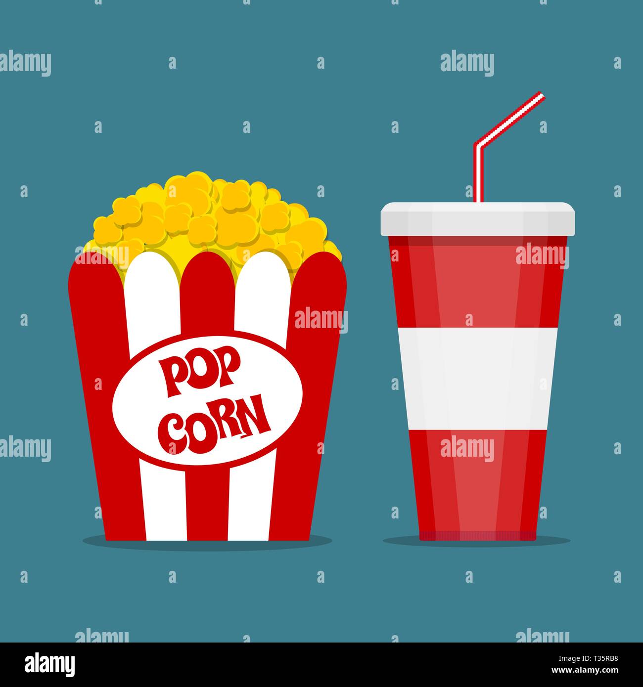 Opened Red white paper box with popcorn and cup for soft drinks with