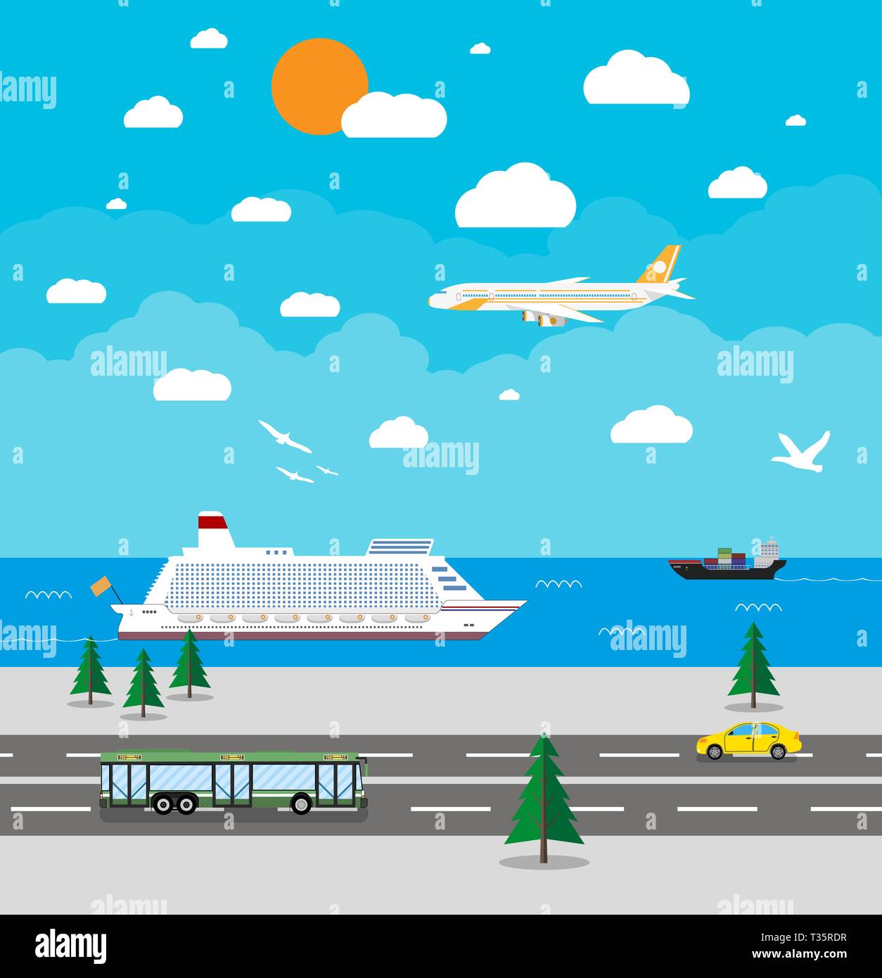 background with various types of transport, car, bus, airoplane, cruise  ship. Different means of transportation. Travel concept. Vector  illustration i Stock Vector Image & Art - Alamy