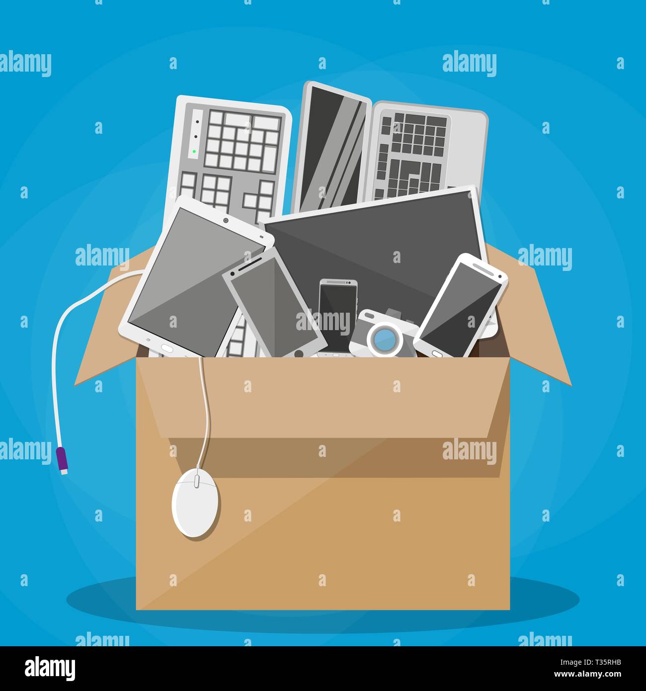 Various modern devices in cardboard box. desktop pc, tablet pc, keyboard, photo camera, mouse, laptop, mobile and smart phones. vector illustration in Stock Vector