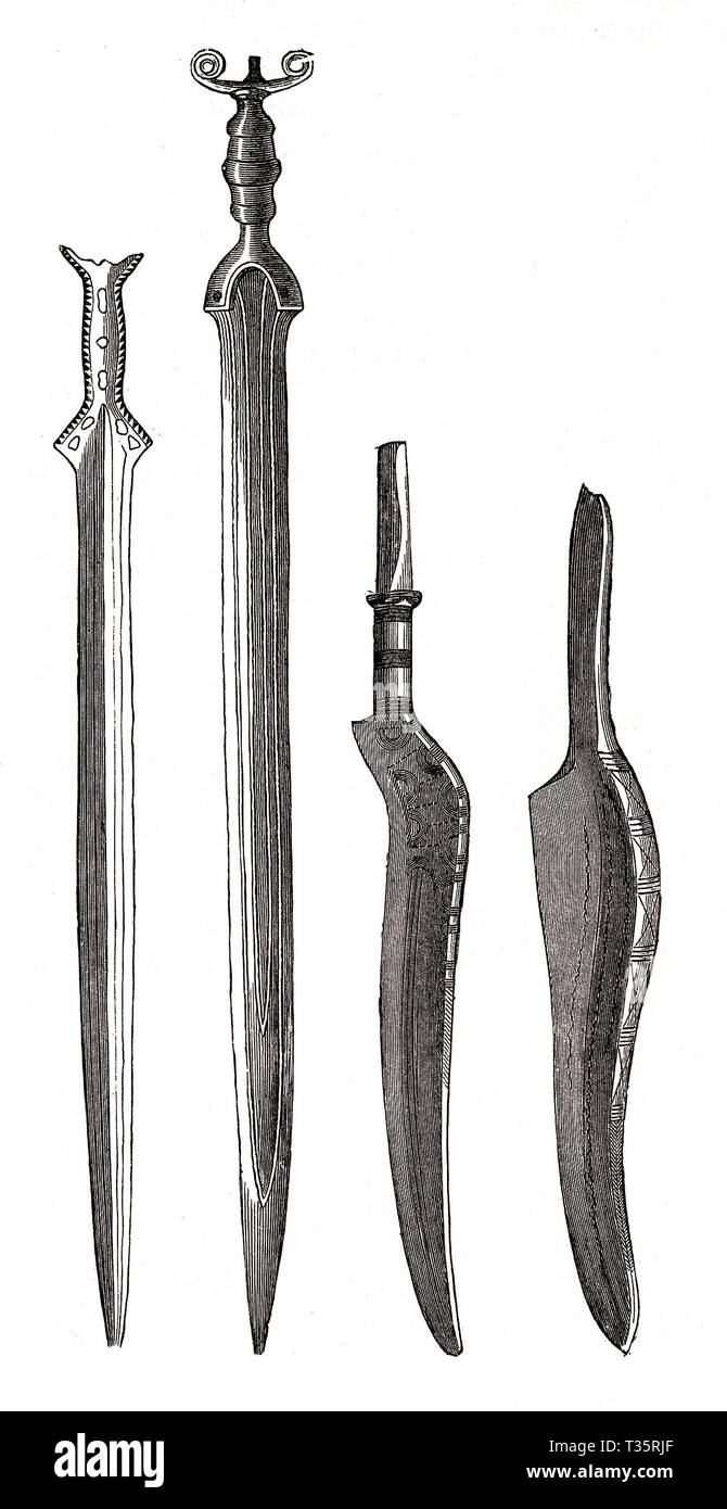 Bronze Age knives and swords from prehistoric pile dwellings around the Switzerlan Alps, ca.5000- 500 B.C. Stock Photo