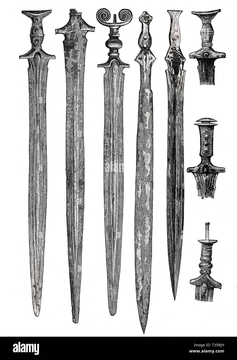 Bronze Age swords and handles from prehistoric pile dwellings around the Switzerlan Alps, ca.5000- 500 B.C. Stock Photo