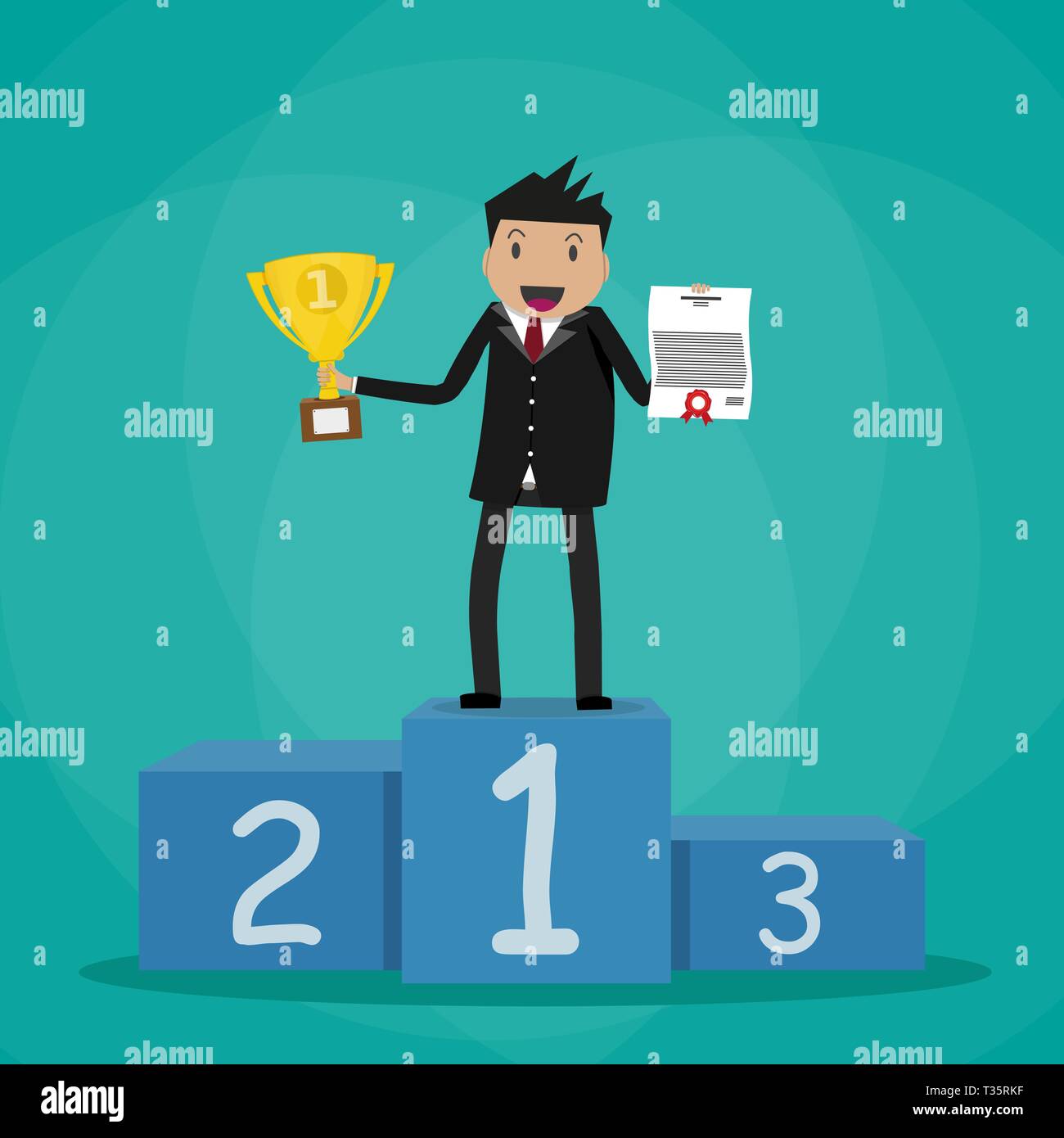 Happy cartoon businessman winner standing in first place on a podium  holding certificate and gold trophy cup. vector illustration in flat design  on gr Stock Vector Image & Art - Alamy