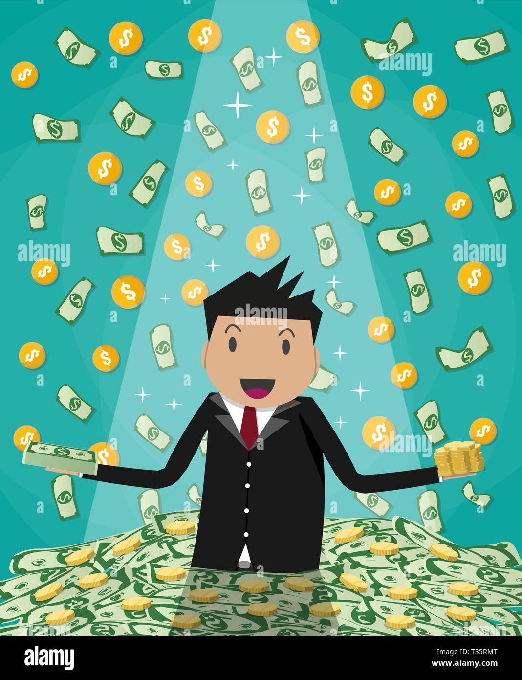 Happy cartoonl businessman raising from huge green money bills and gold ...