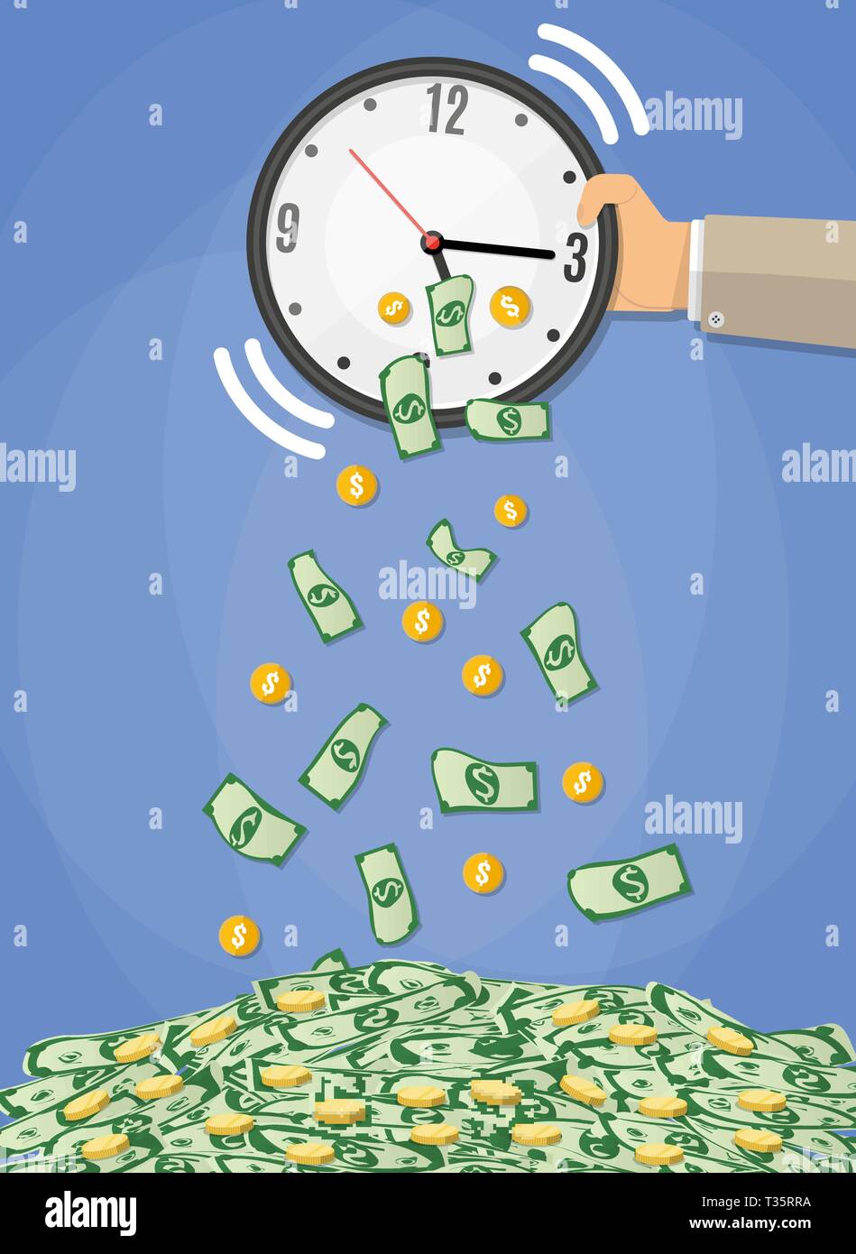 money bills and golden coins falling from the clock which shakes the hand of a businessman. time is money concept, time management. vector illustratio Stock Vector