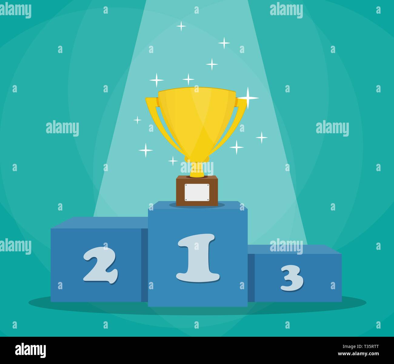Golden goblet on blue victory pedestal with projector light and sparks. trophy on sports podium. Champion cup. Award, triumph, goal, success. vector i Stock Vector