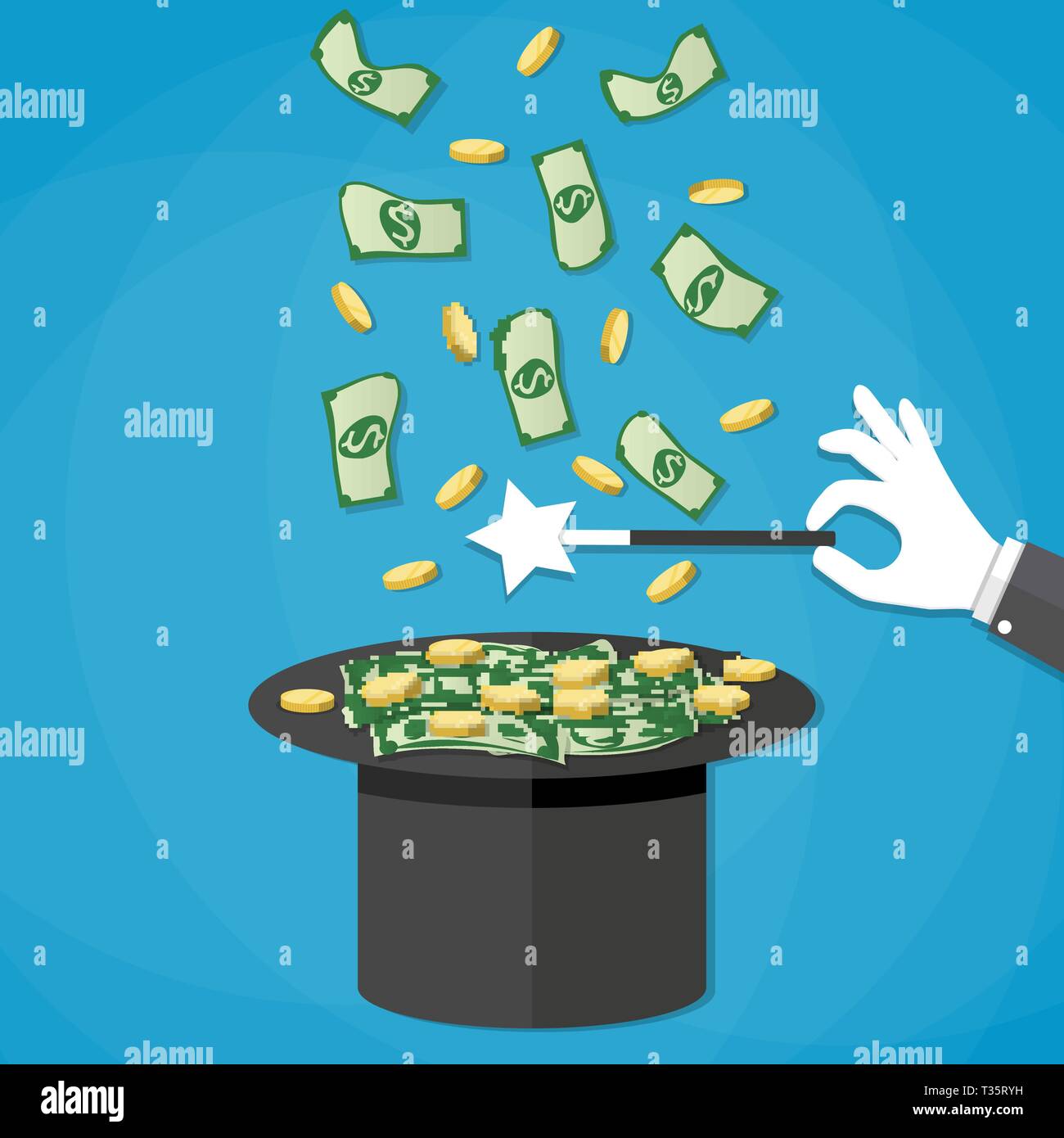 Magic trick concept. Dollar money and golden coins coming out of the