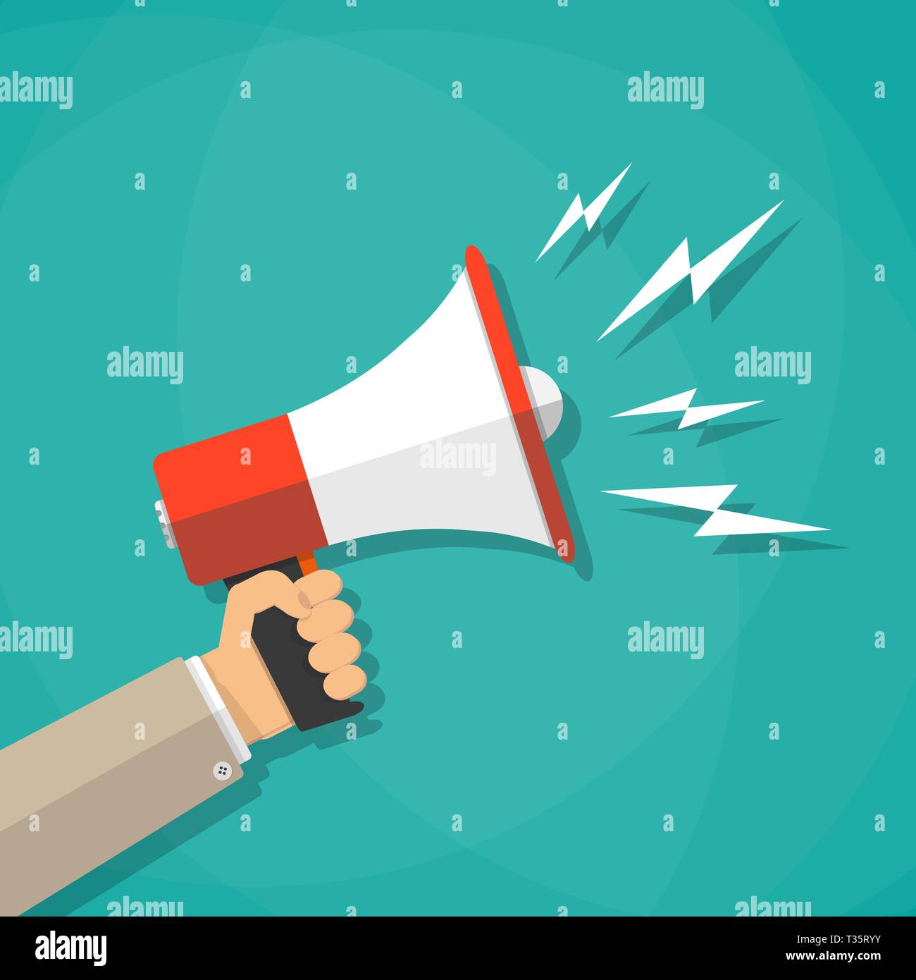 Cartoon human hand holding megaphone. social media marketing concept