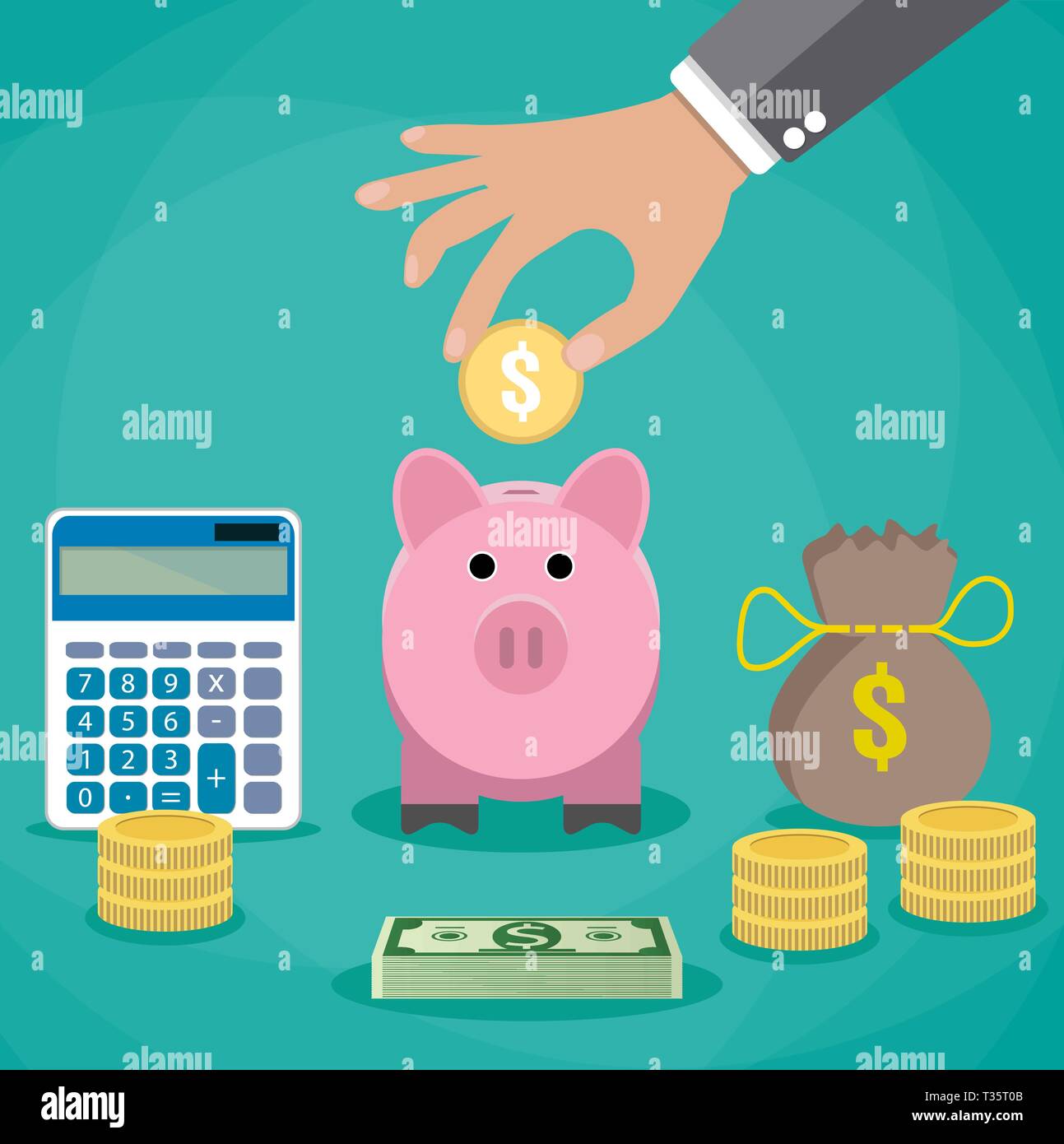 Money saving concept. Vector illustration in flat style design. Piggy ...