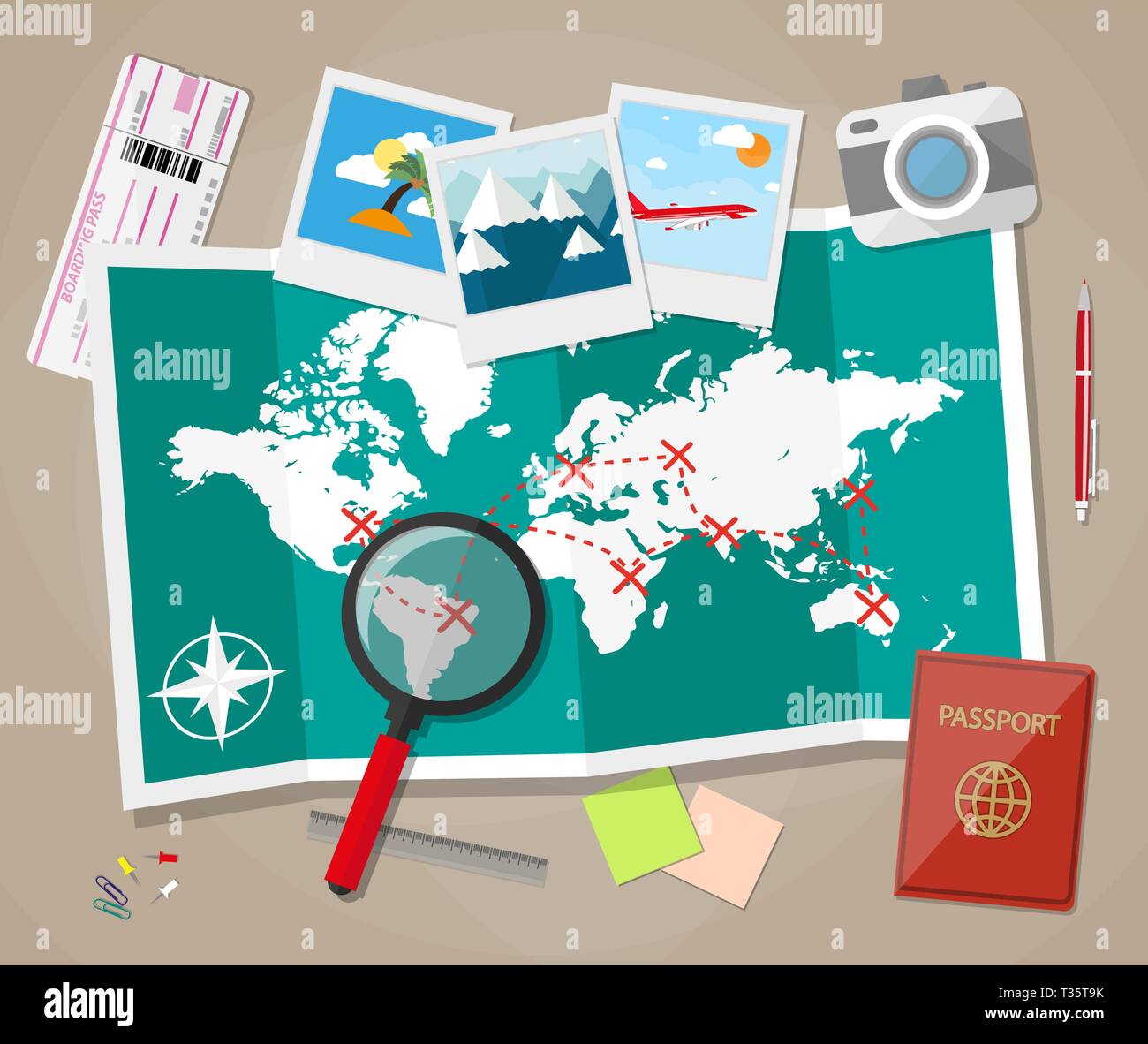 planning trip concept at table with paper map of world, magnifier, pen, passport, airplane ticket, photo camera photos, sticky notes, pins. vector ill Stock Vector