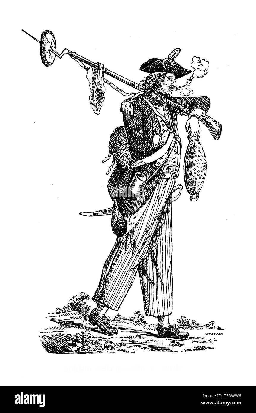 Caricature of a National Guard gendarme, maybe a lower rank named also sans-culottes. National Guard, a French military gendarmerie, was founded in 1789 after the French Revolution Stock Photo