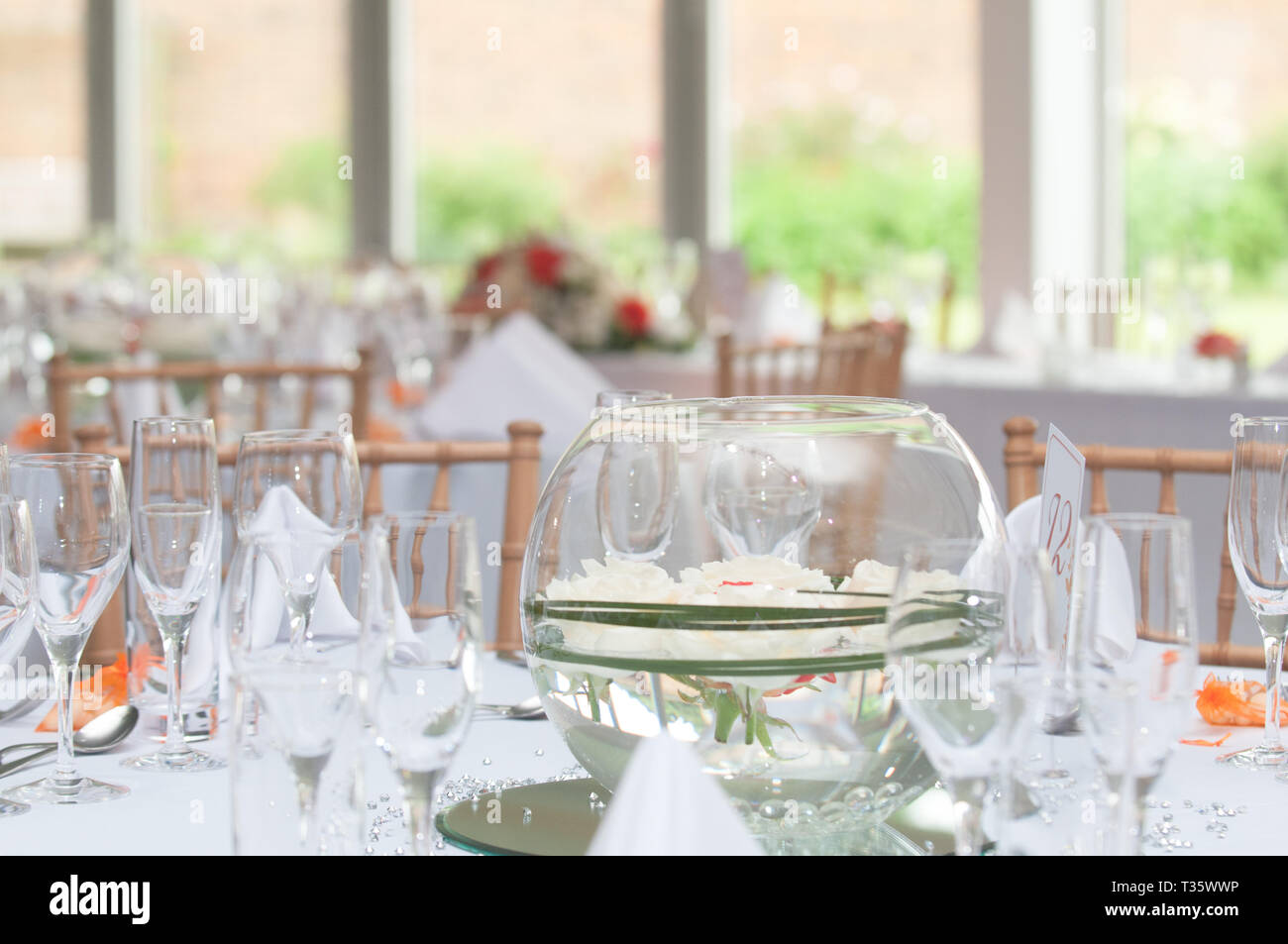 Wedding Reception Tables Set For Wedding Breakfast Stock Photo