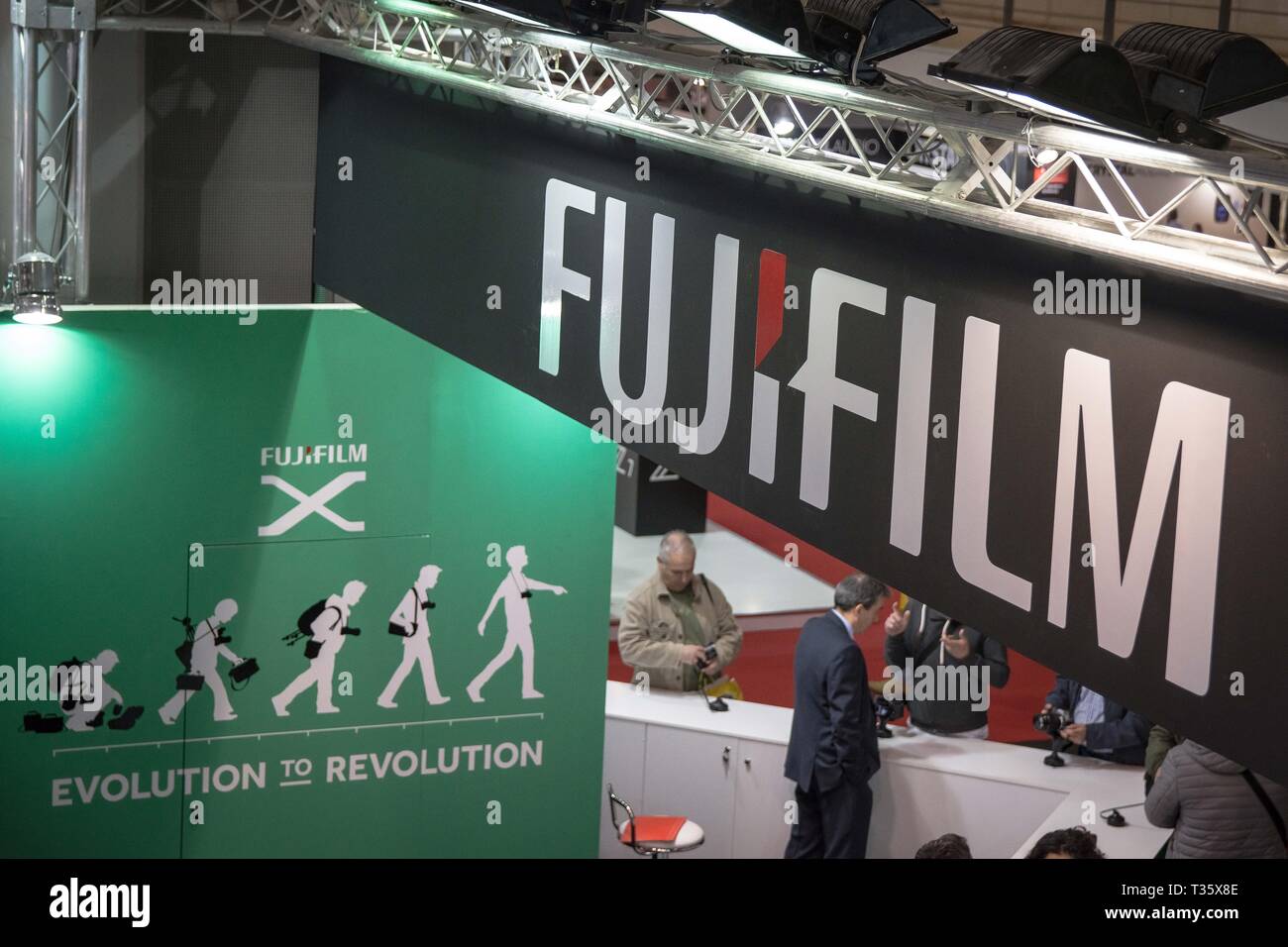Fujifilm logo seen during the festival. Image +Tech & Photo vision 2019 is a big festival with large corporate delegations, many exhibitions, stores and workshops about photography and video was held In the place of Helexpo Marousi in Athens, Greece. Stock Photo