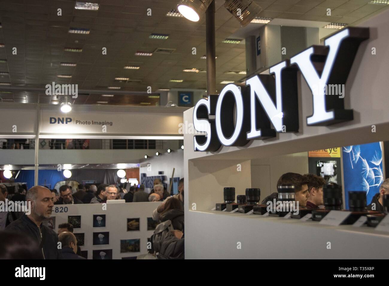 Sony logo seen during the festival. Image +Tech & Photo vision 2019 is a big festival with large corporate delegations, many exhibitions, stores and workshops about photography and video was held In the place of Helexpo Marousi in Athens, Greece. Stock Photo