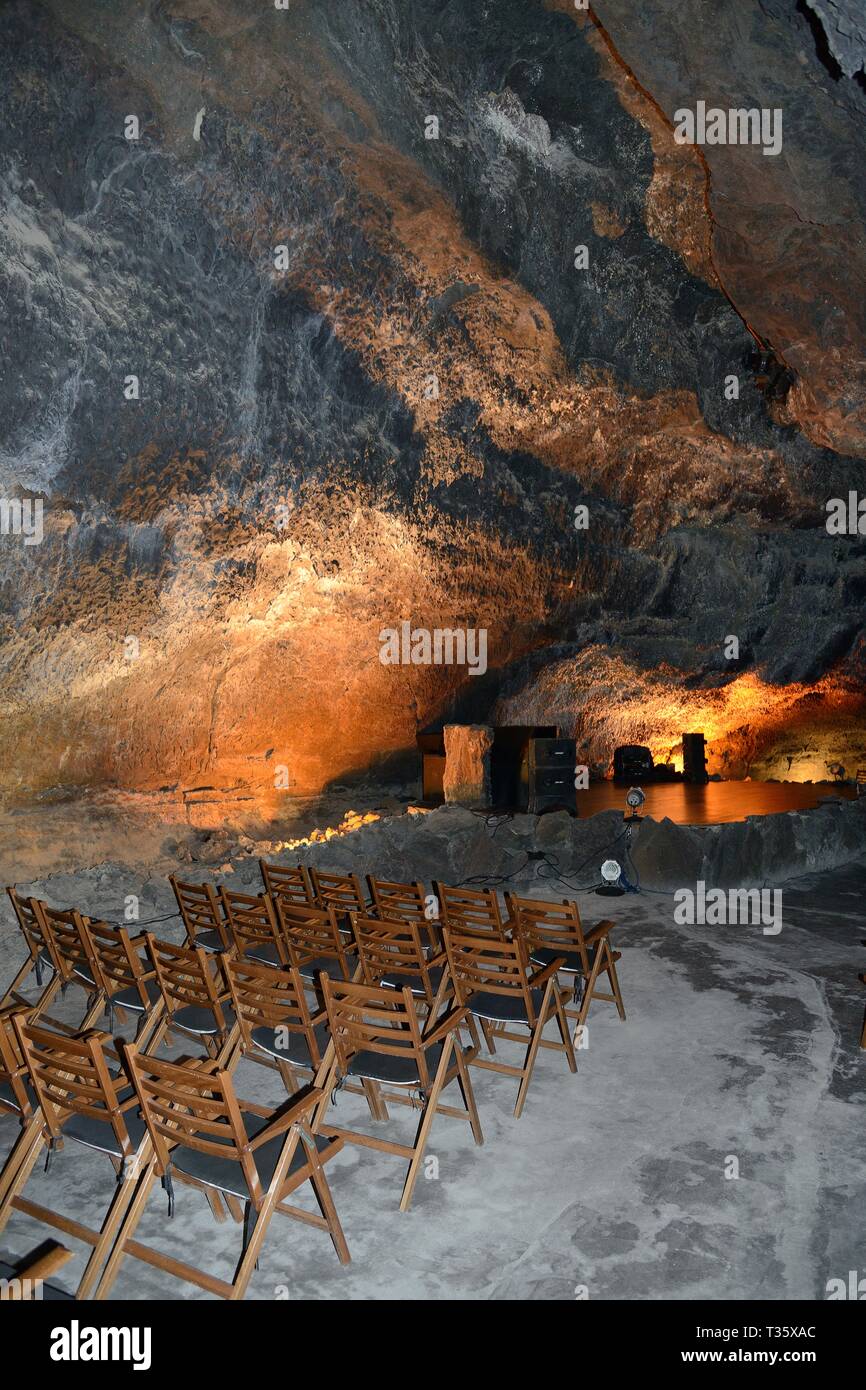 Underground Concert Hall auditorium within a volcanic lava tube, Cueva de Los Verdes,  Lanzarote, Canary Islands, February 2018. Stock Photo