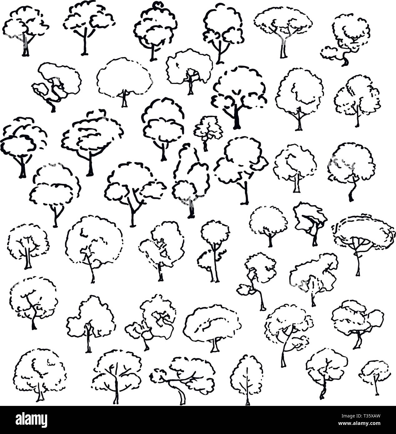 Trees sketch set, cartoon vintage illustration, ink draw engraved style ...