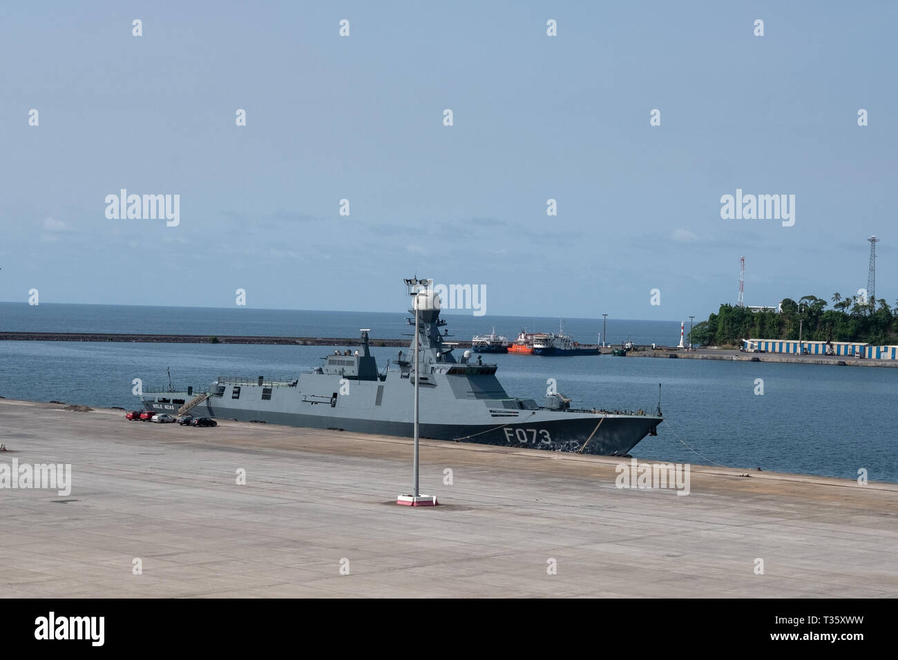 The flagship of the Equatorial Guinea navy alongside a dock in the harbour in Malabo, the capital Stock Photo