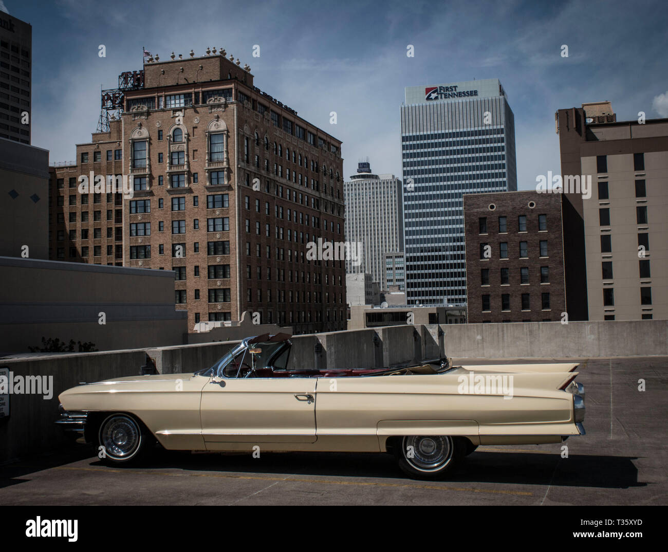vintage American automobile used for filming TV series on street in