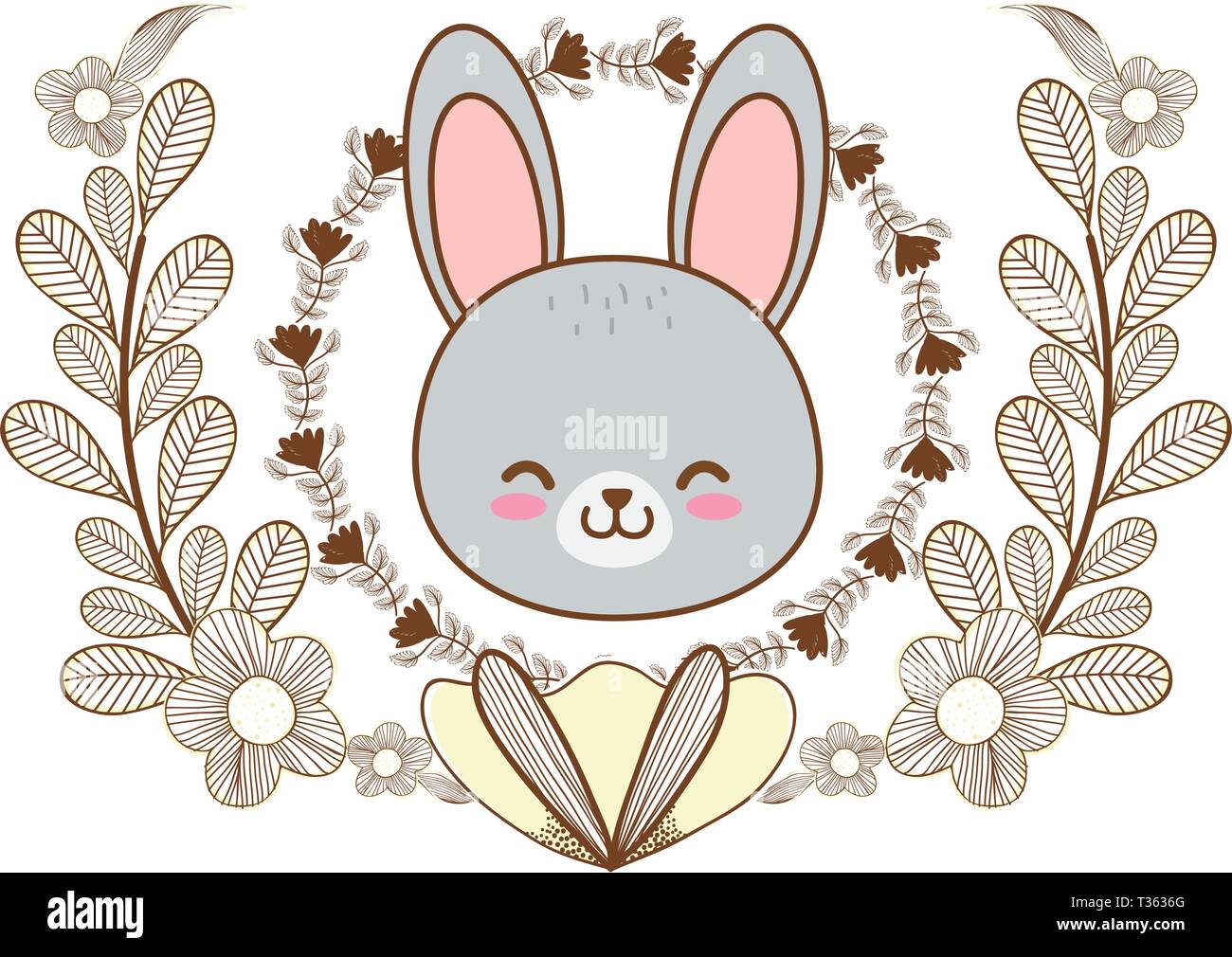 cute little animal rabbit bunny face flowers frame cartoon vector ...
