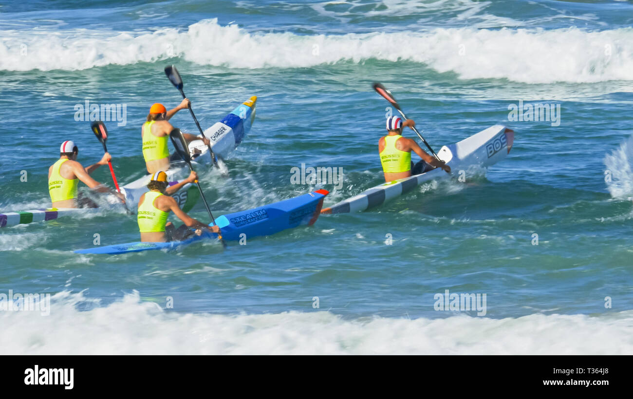 ALEXANDRA HEADLAND, QUEENSLAND, AUSTRALIA- APRIL 24: surf ski race on the sunshine coast of australia Stock Photo